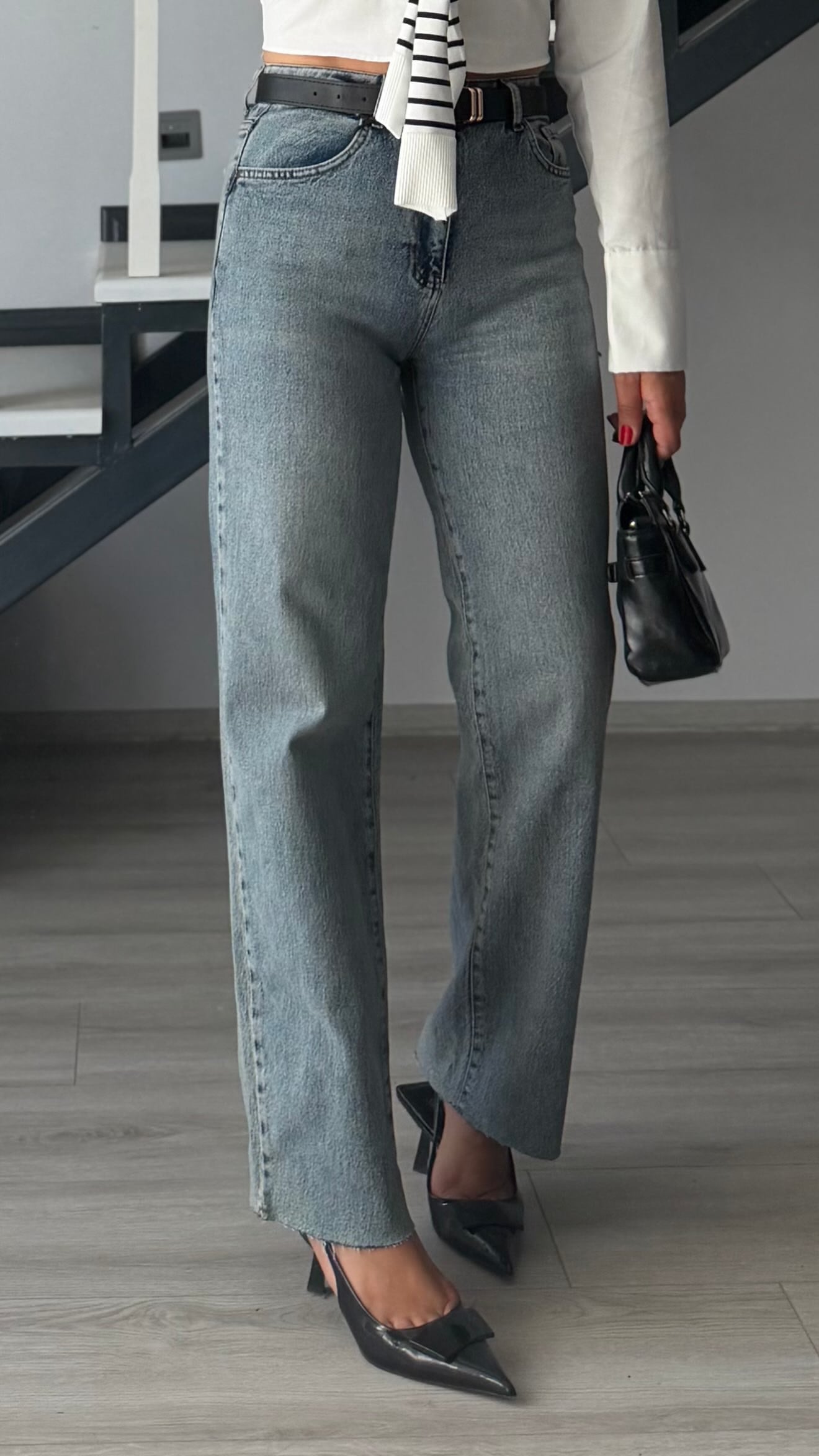 Light Blue Belted Straight Jeans