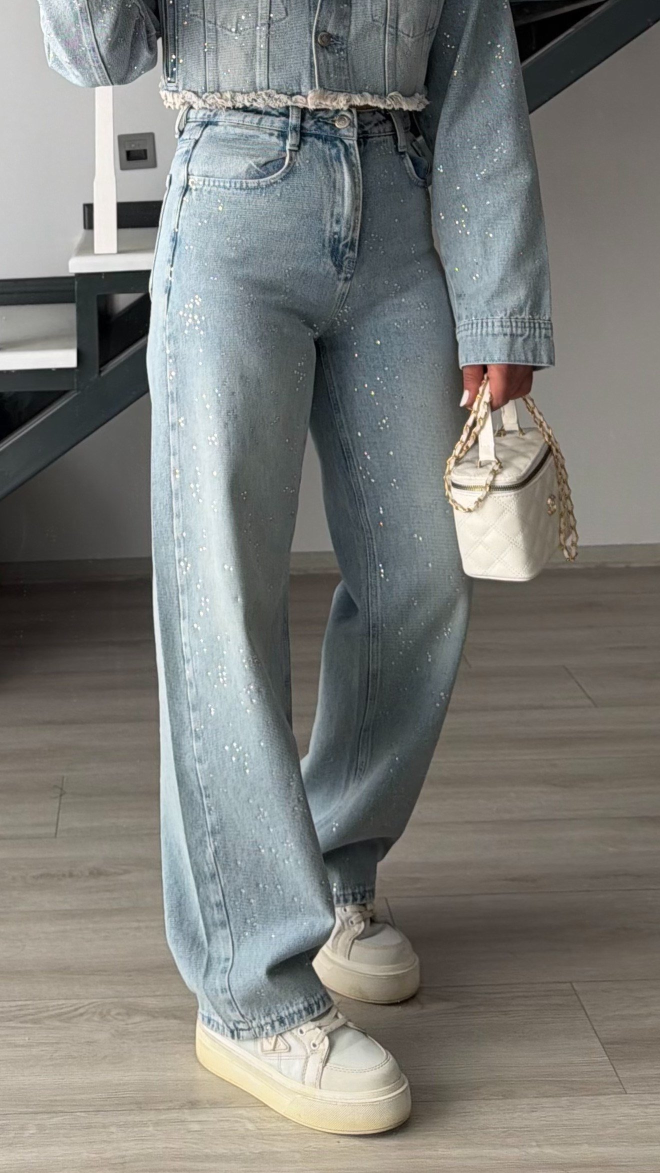 Açık Mavi Taşlı Wide Leg Jean