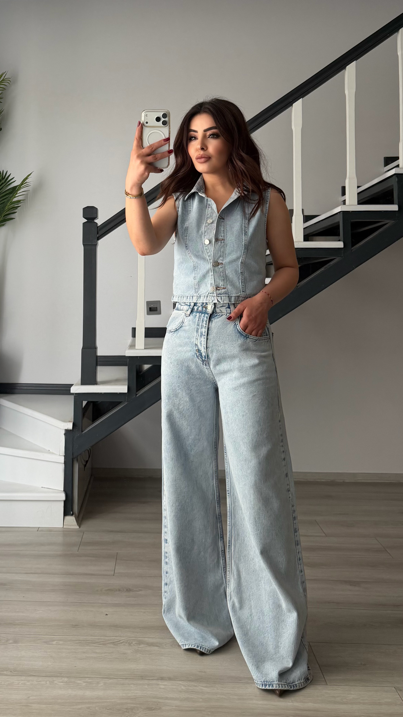 Açık Mavi Yelek-Pantolon Denim Takım