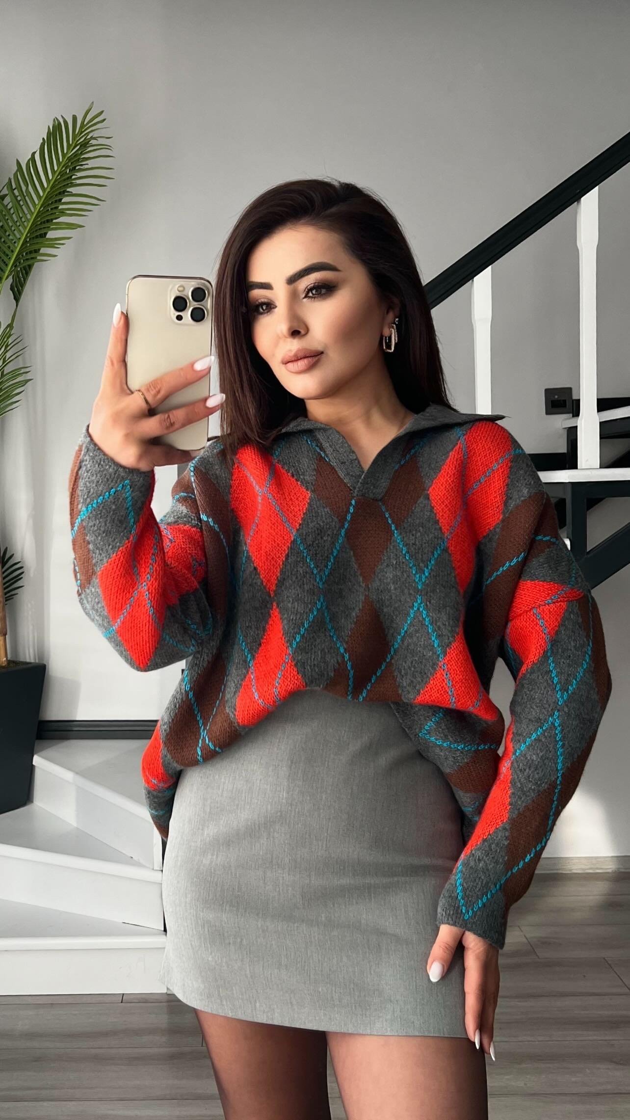 Antrasit - Kahve - Orange Baklava Desen Polo Yaka Kazak 