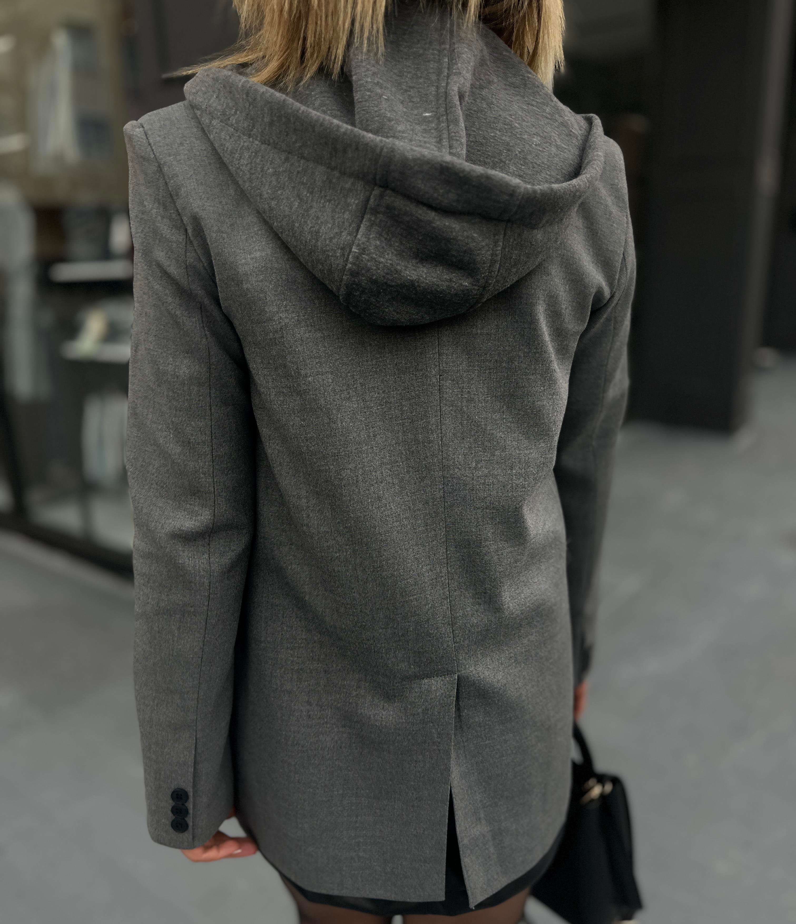 Antrasit Kapüşon Detaylı Fermuarlı Blazer Ceket 