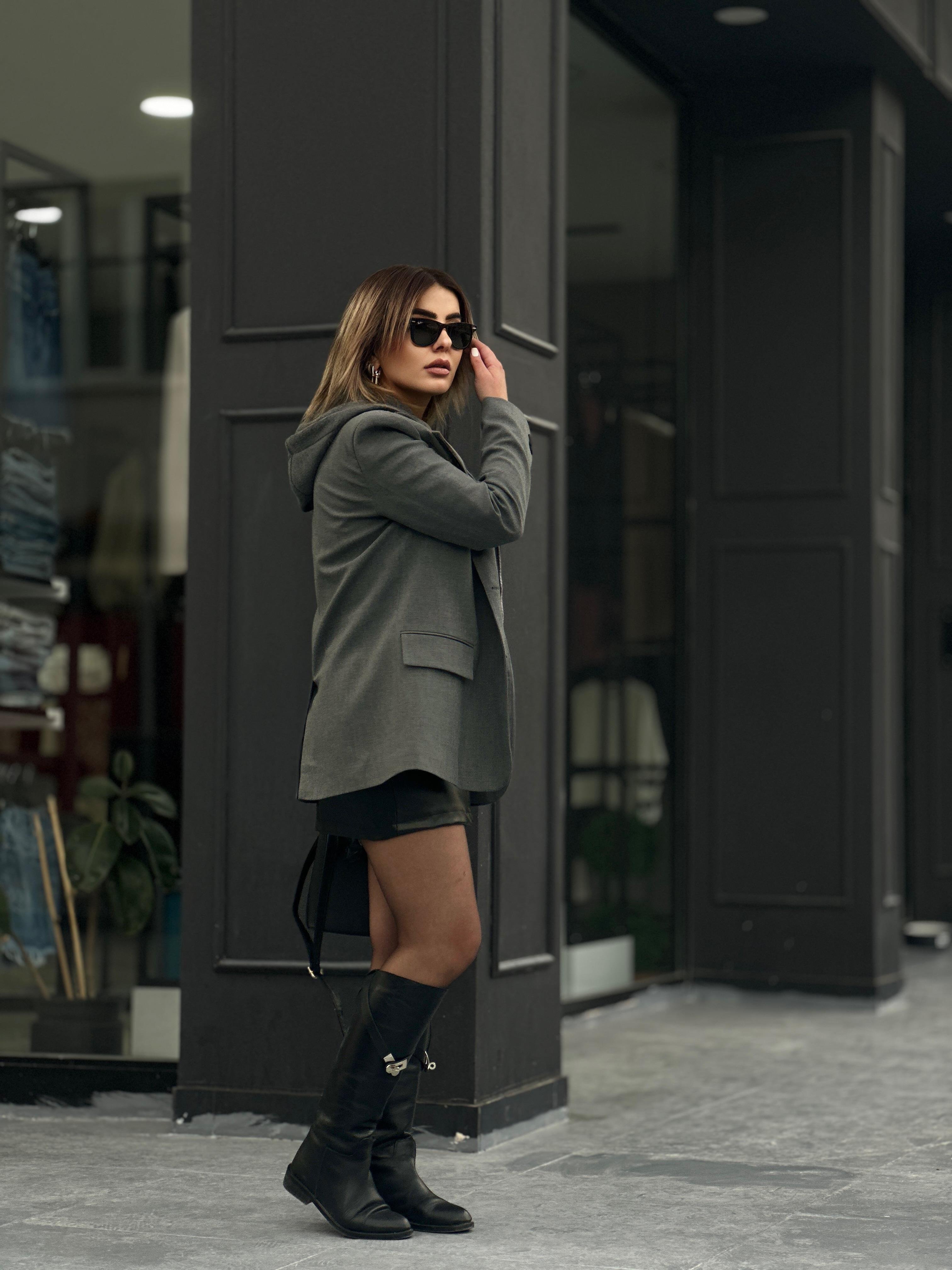 Antrasit Kapüşon Detaylı Fermuarlı Blazer Ceket 