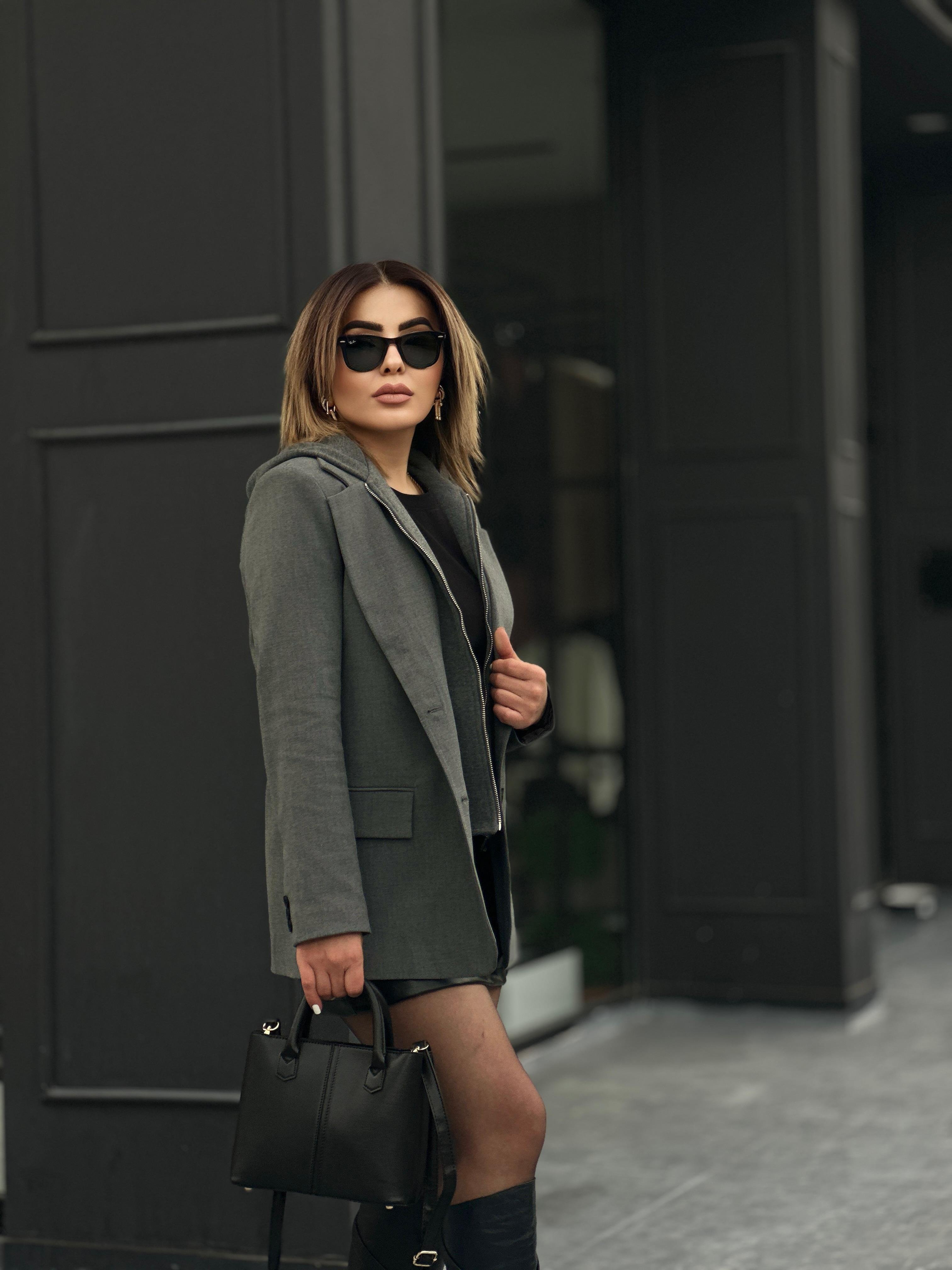 Antrasit Kapüşon Detaylı Fermuarlı Blazer Ceket 