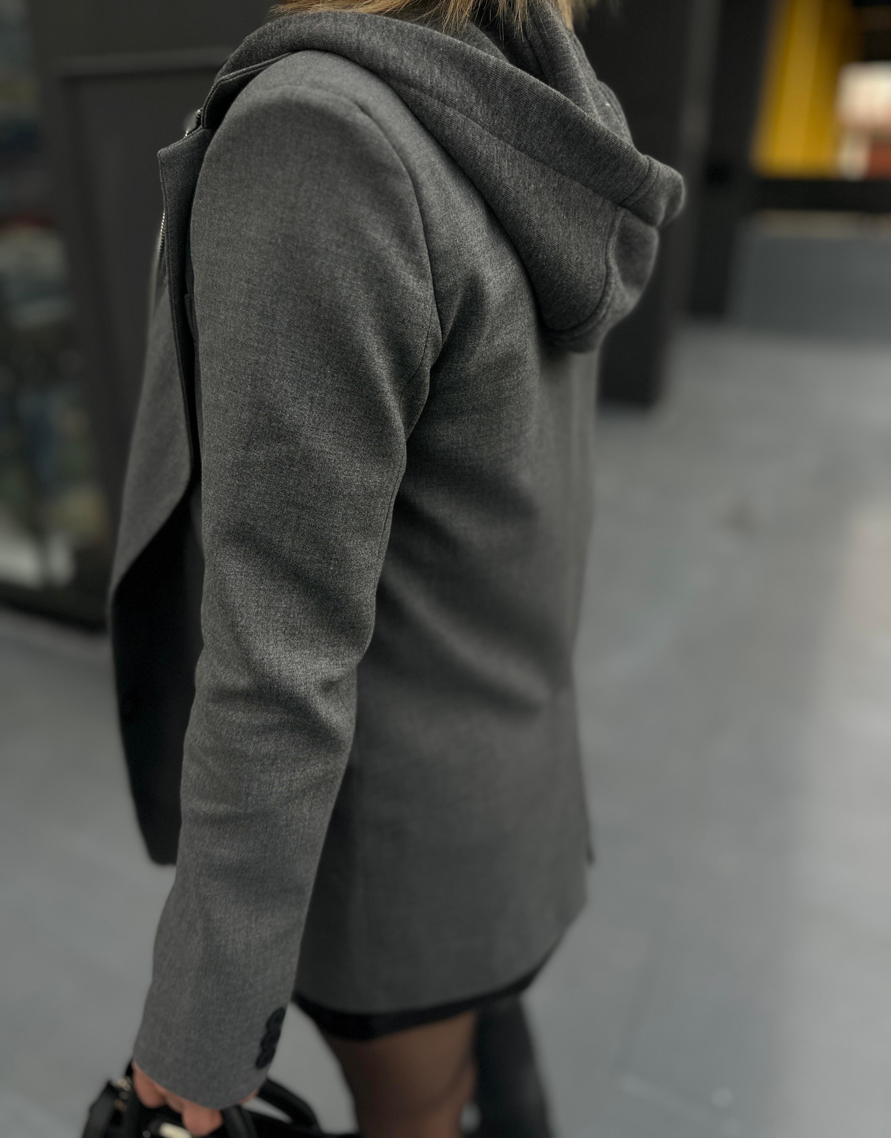 Antrasit Kapüşon Detaylı Fermuarlı Blazer Ceket 