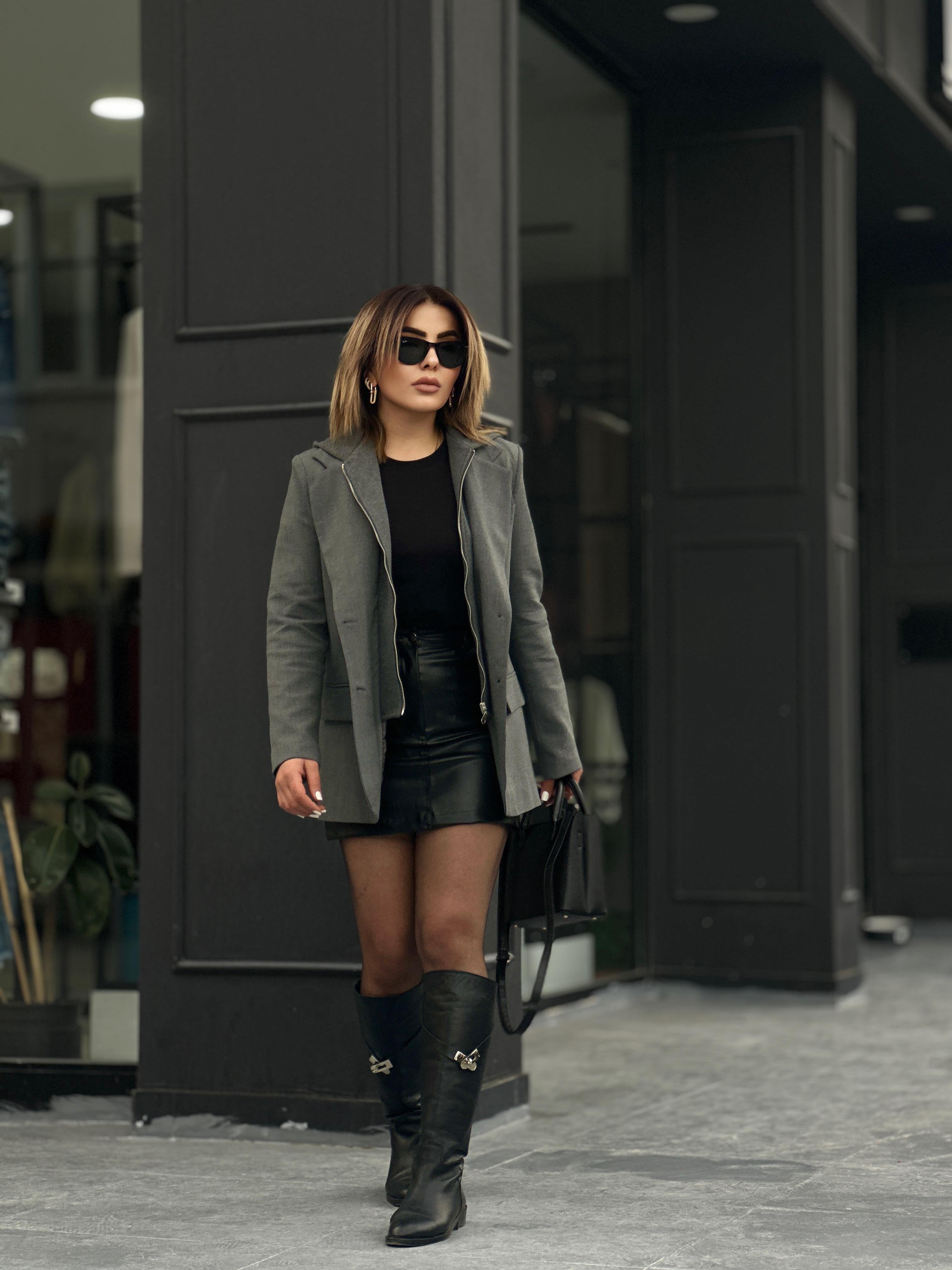 Antrasit Kapüşon Detaylı Fermuarlı Blazer Ceket 