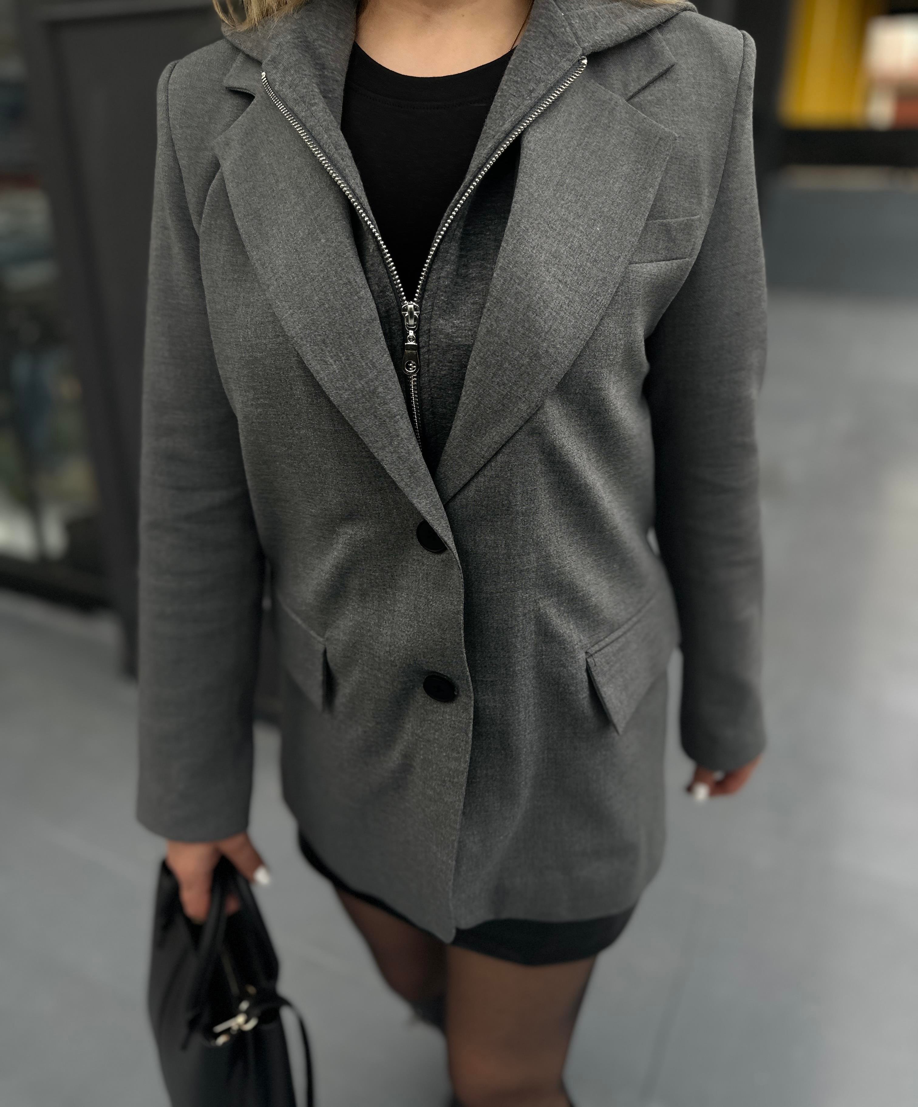 Antrasit Kapüşon Detaylı Fermuarlı Blazer Ceket 