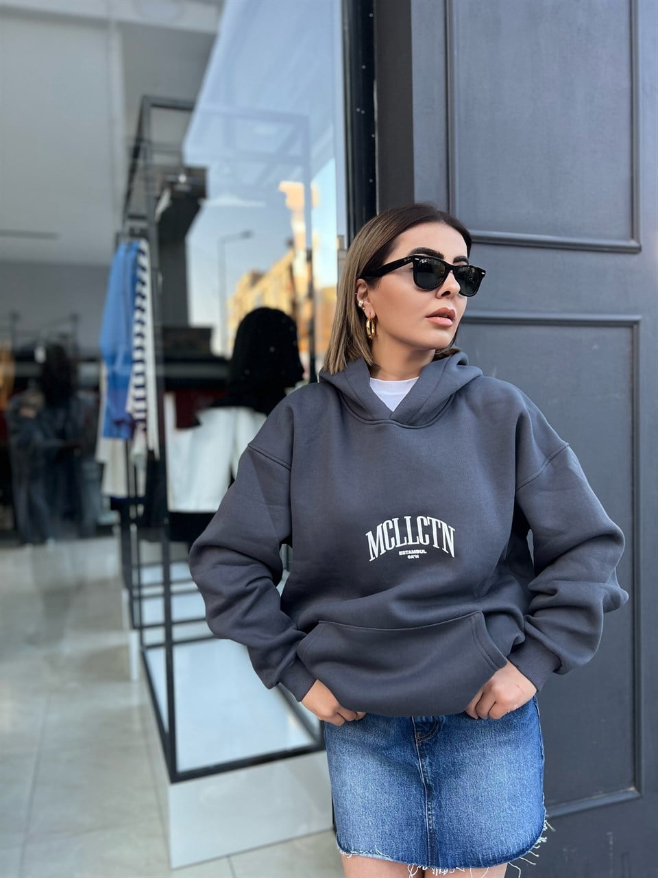 Antrasit Kapüşonlu Unisex Oversize Sweat
