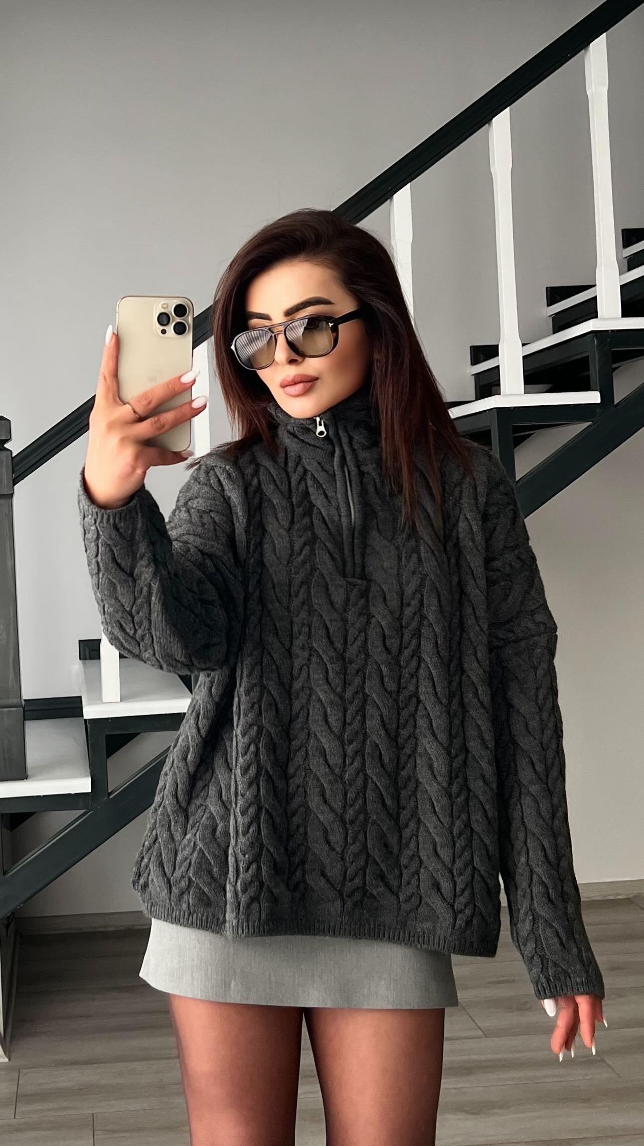 Antrasit Saç Örgülü Kamyoner Yaka Kazak