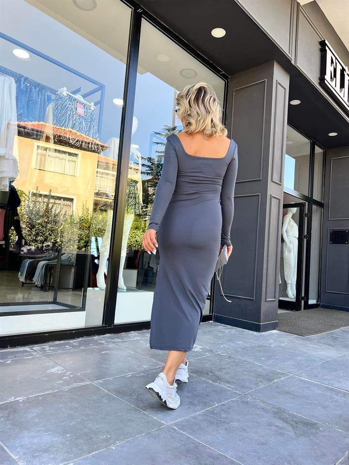 Antrasit Sandy Kumaş Yırtmaçlı Maxi Boy Elbise