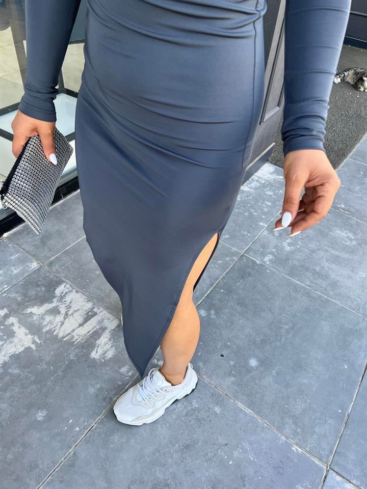 Antrasit Sandy Kumaş Yırtmaçlı Maxi Boy Elbise
