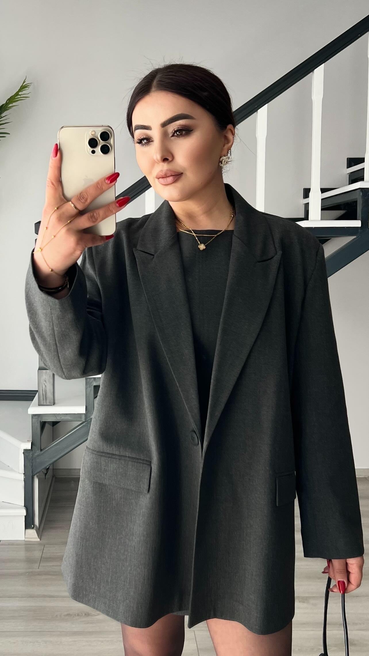 Antrasit Tek Düğme Oversize Blazer Ceket