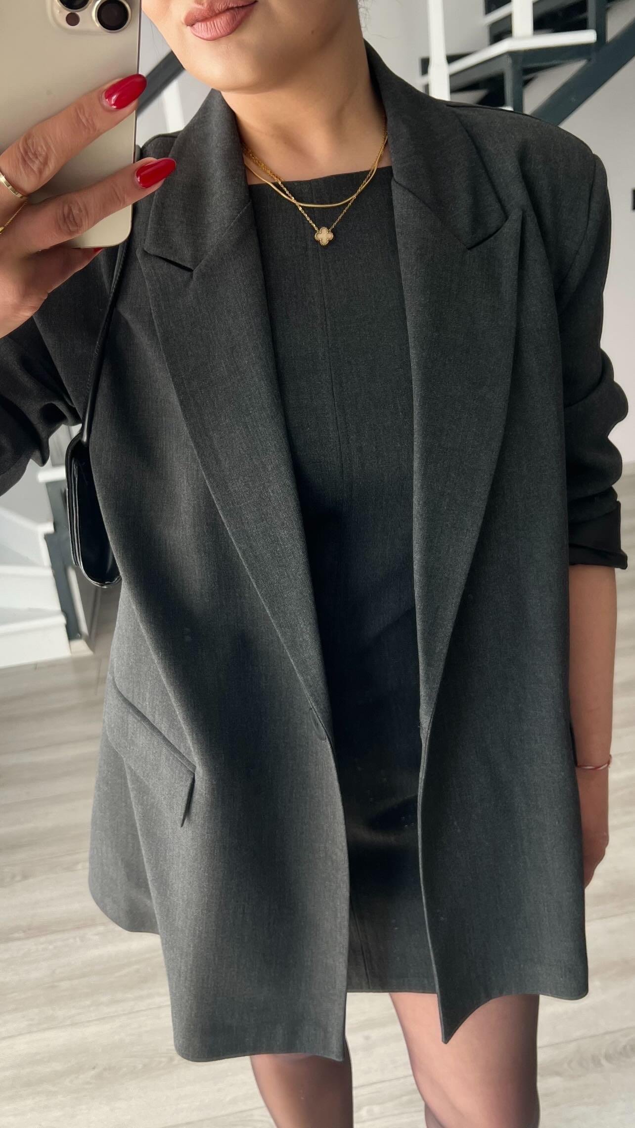 Antrasit Tek Düğme Oversize Blazer Ceket