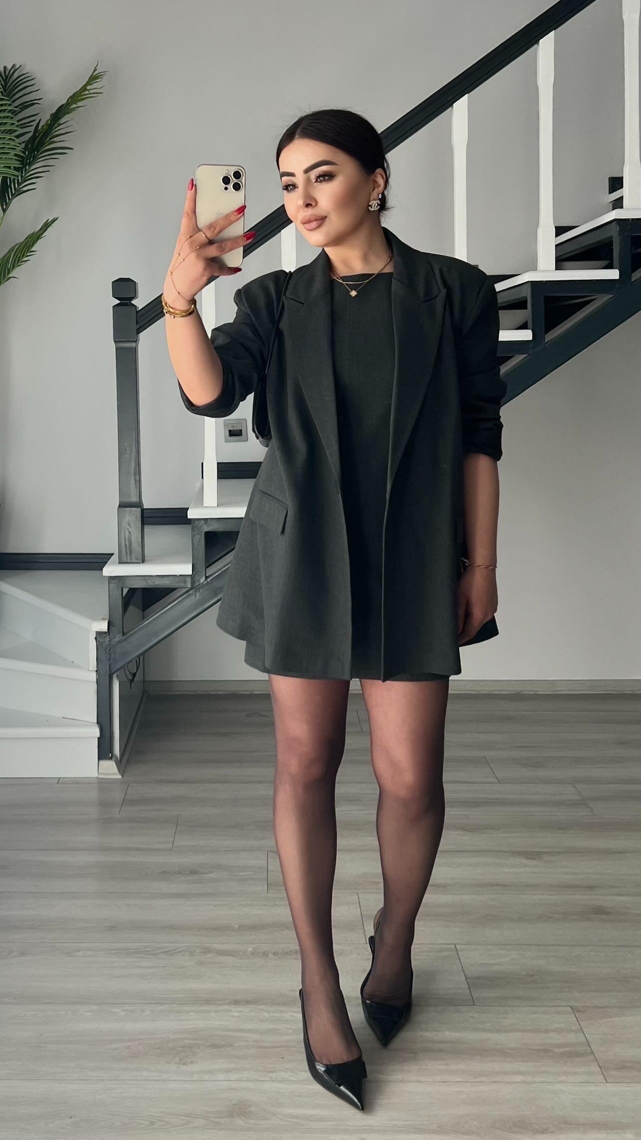 Antrasit Tek Düğme Oversize Blazer Ceket