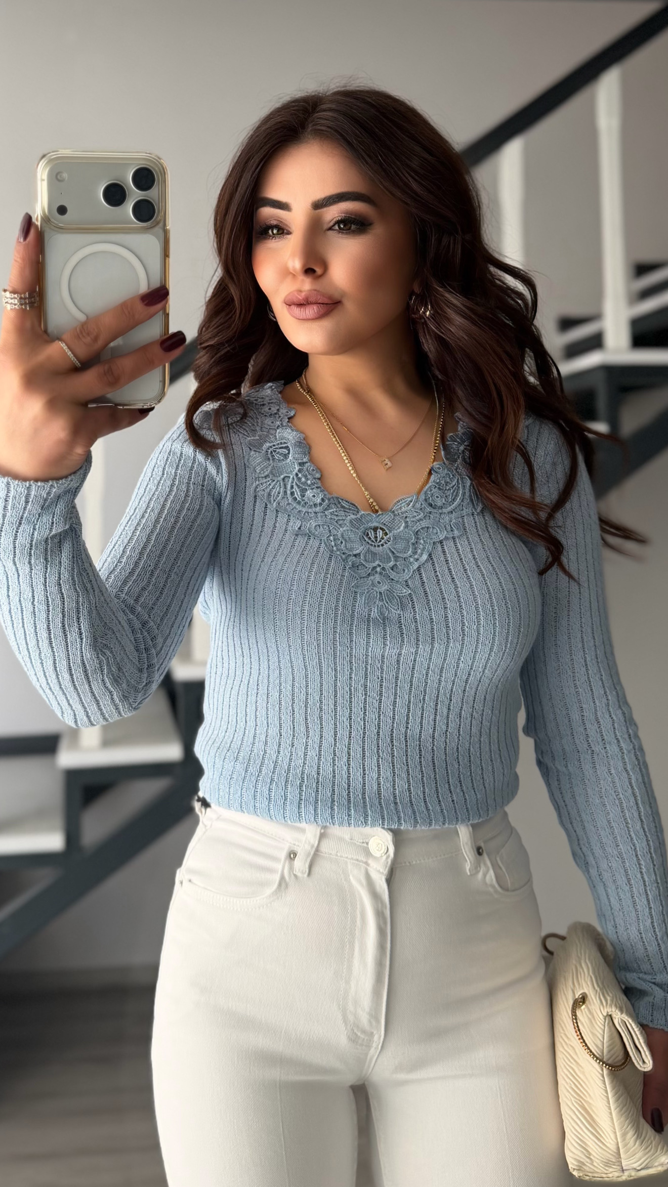 Bebe Mavi Yakadan Dantelli İnce Triko Bluz