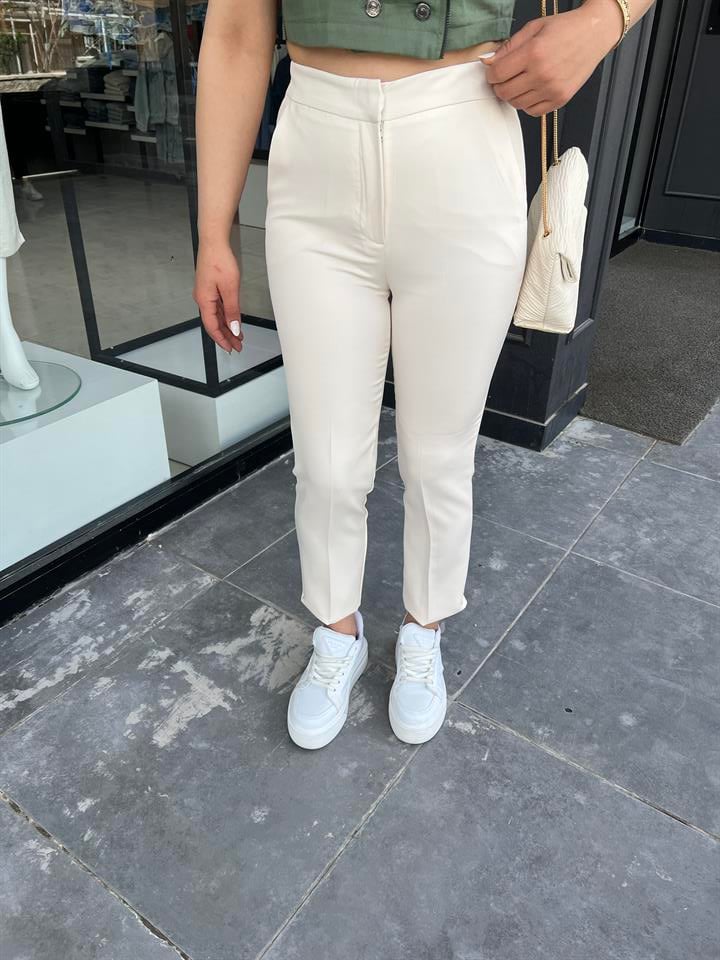 Bej Bel Lastikli Cigarette Pantolon