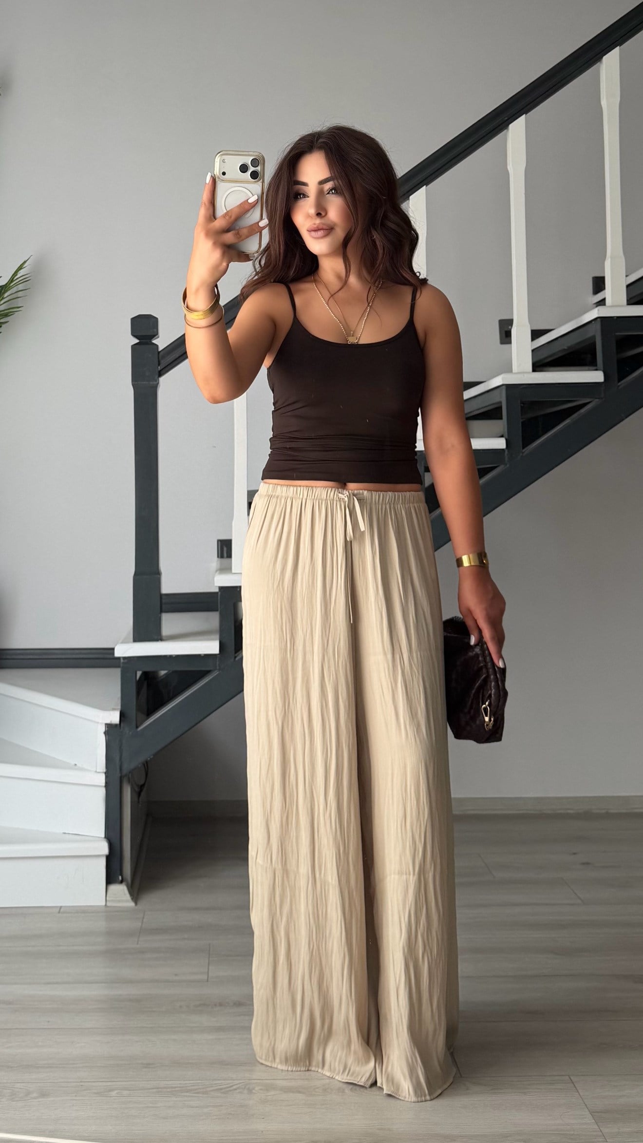 Beige Draped Satin Pants