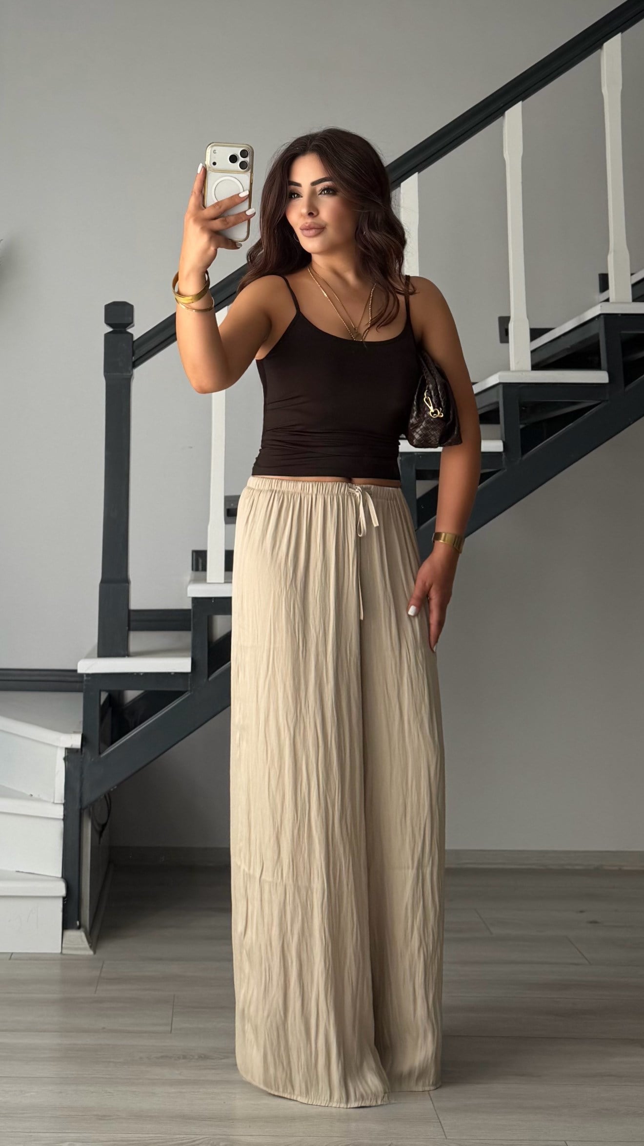 Beige Draped Satin Pants