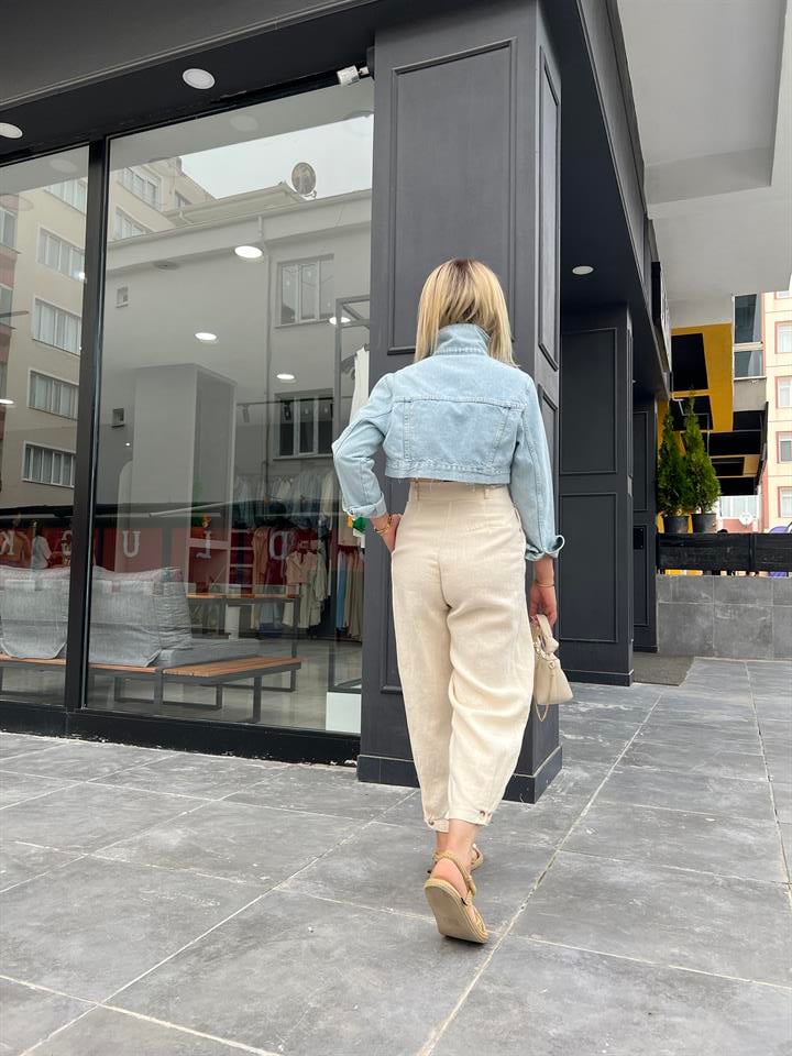 Bej Ham Keten Paça Düğmeli Pantolon