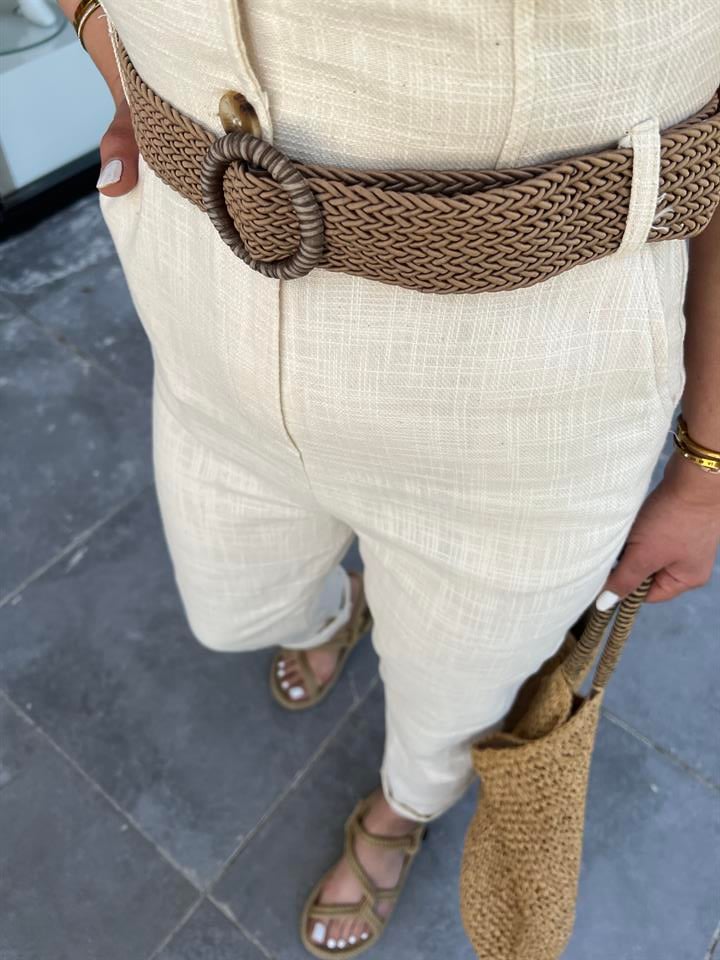 Bej Hasır Kemerli Keten Tulum