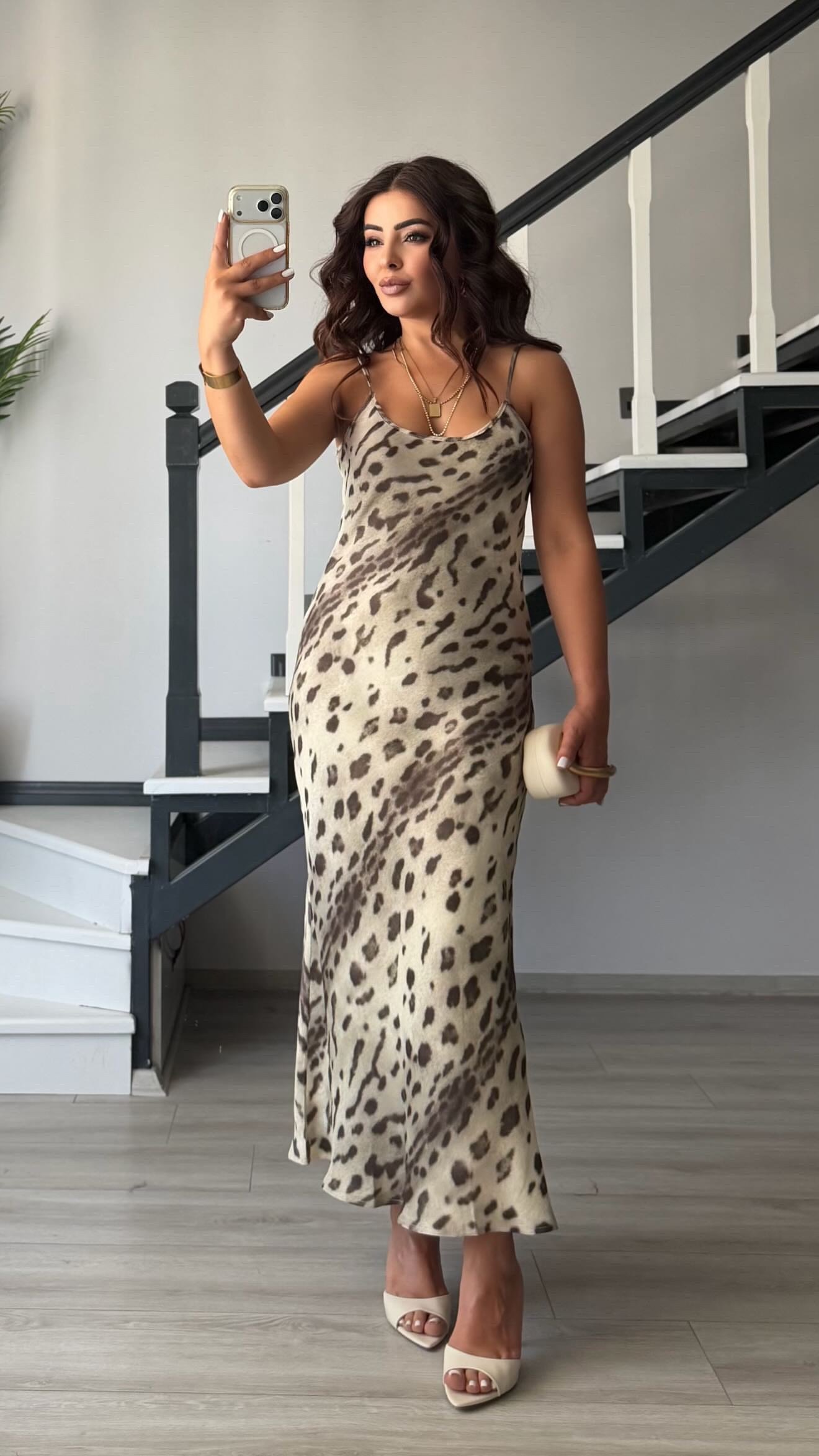 Beige-Brown Patterned Satin Dress with Adjustable Straps