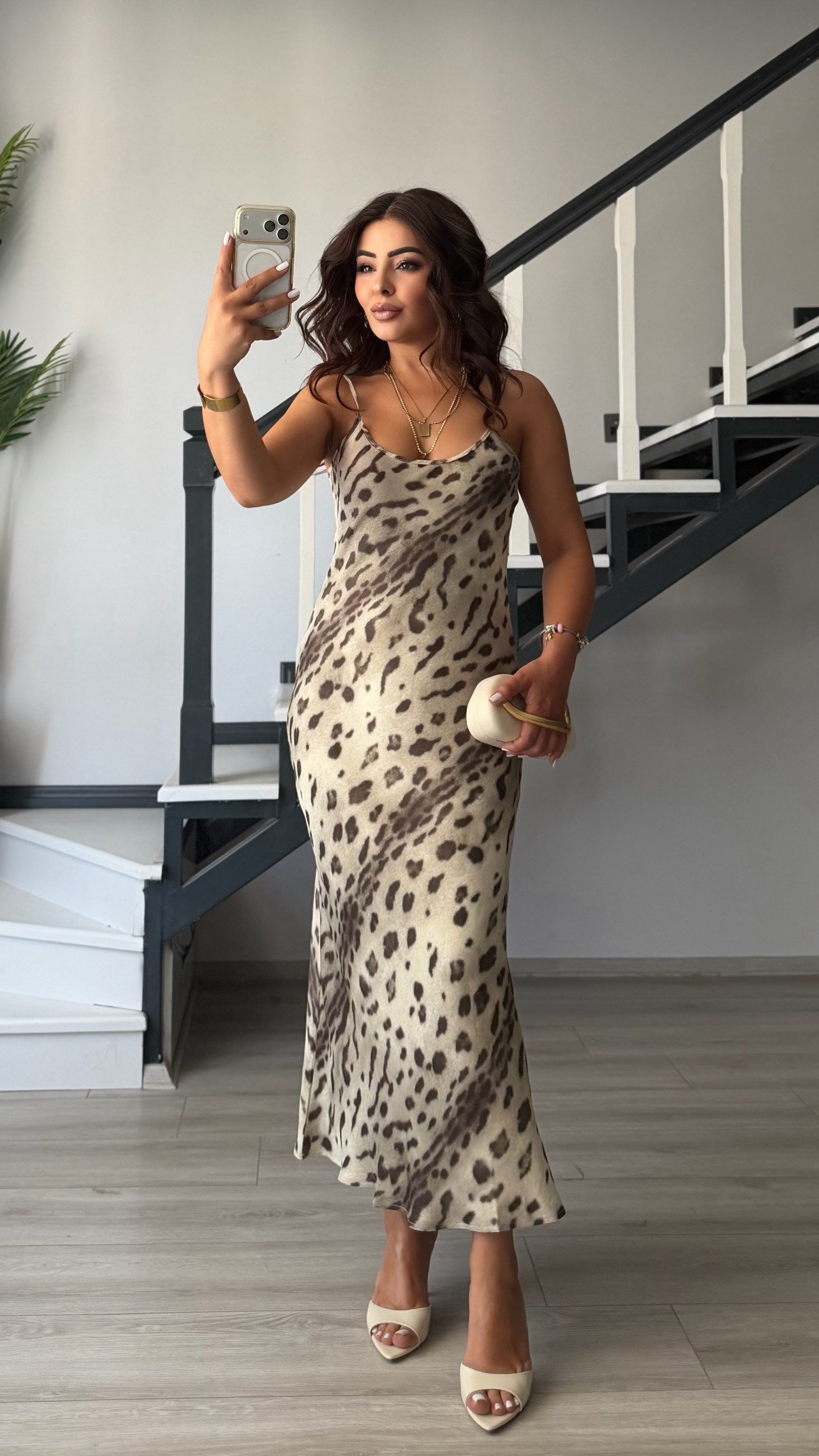 Beige-Brown Patterned Satin Dress with Adjustable Straps