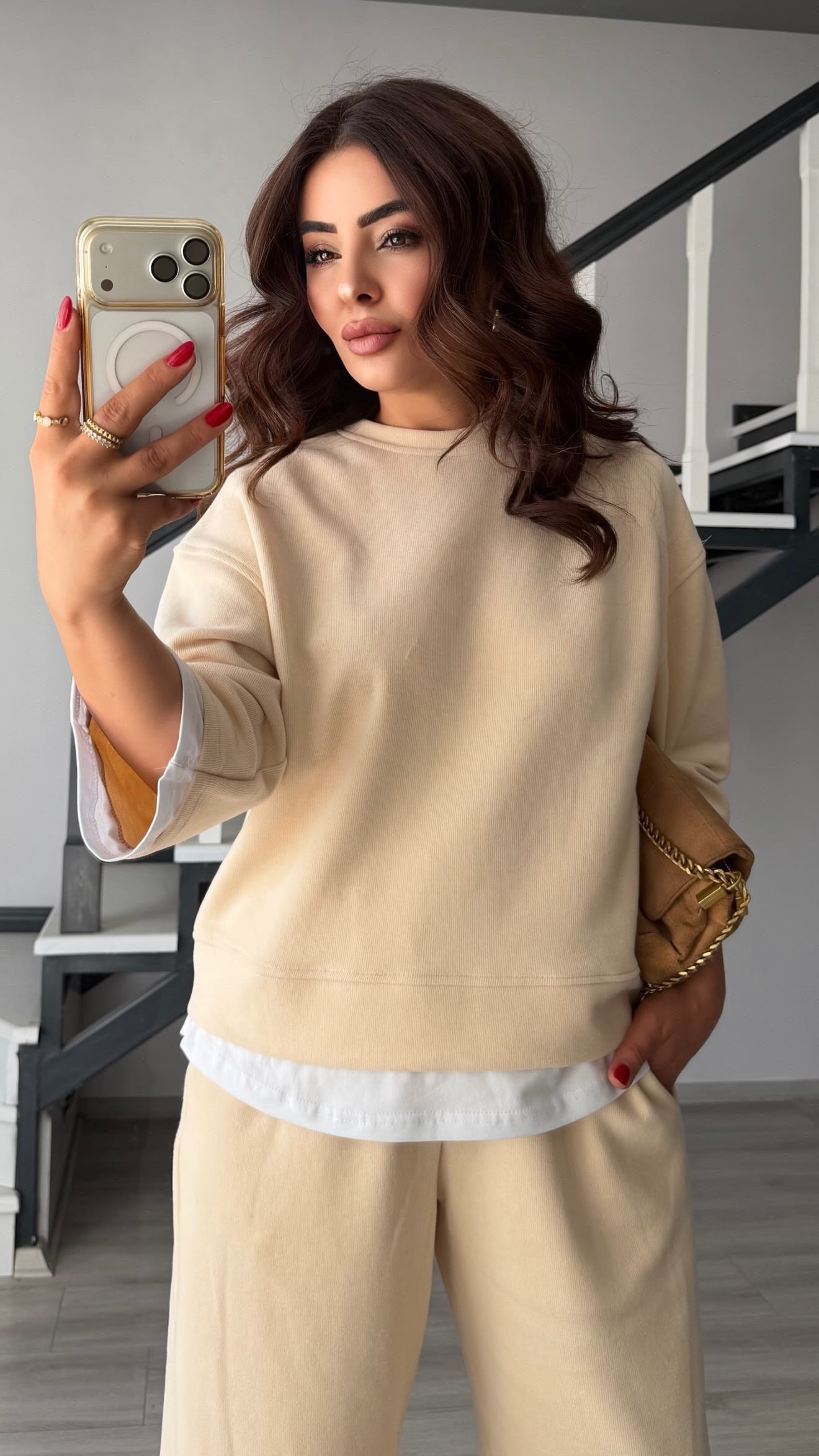 Beige Contrast T-Shirt Detailed Knit Set