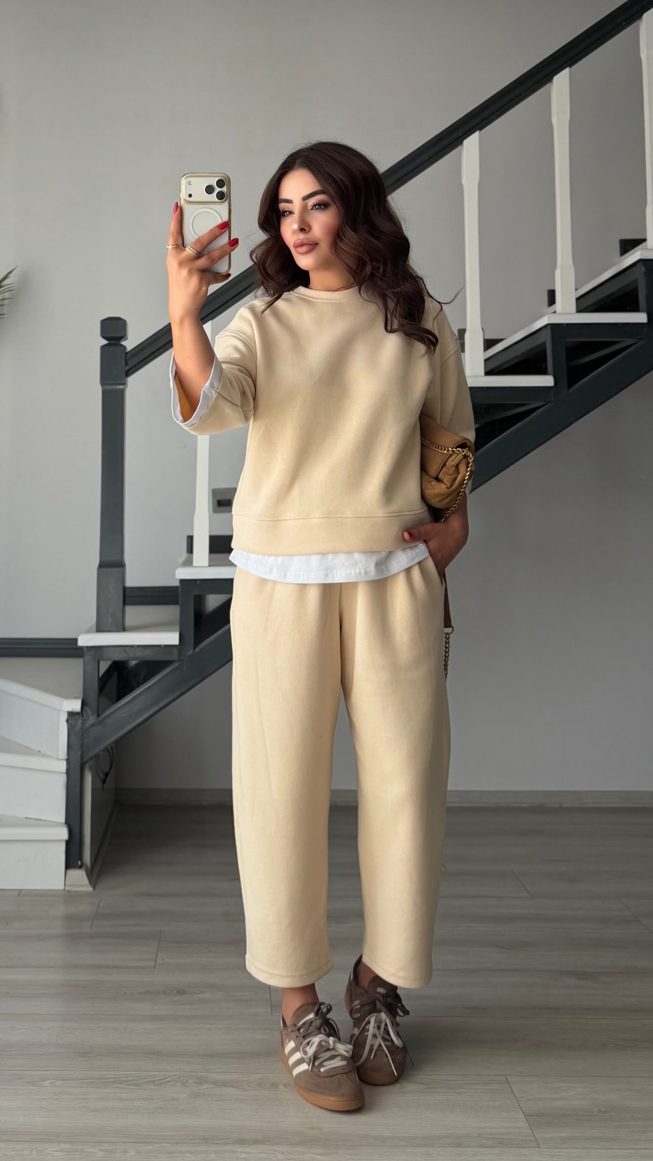 Beige Contrast T-Shirt Detailed Knit Set