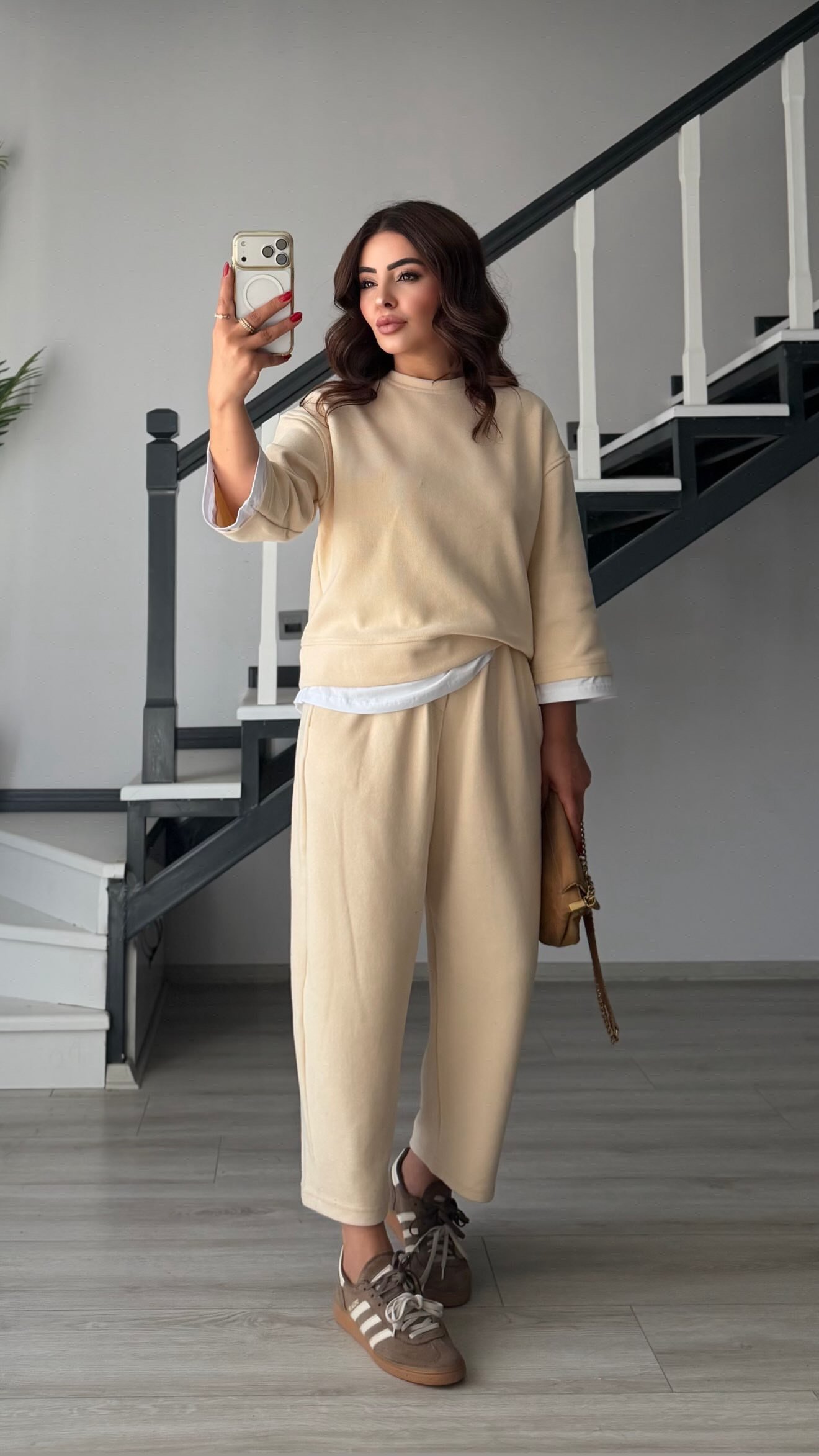 Beige Contrast T-Shirt Detailed Knit Set