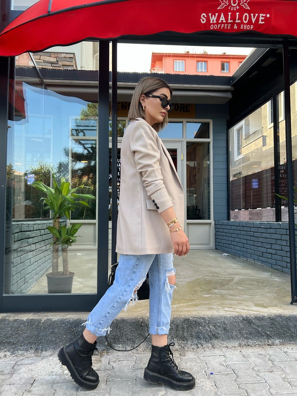 Bej Yün Efekt Blazer Ceket