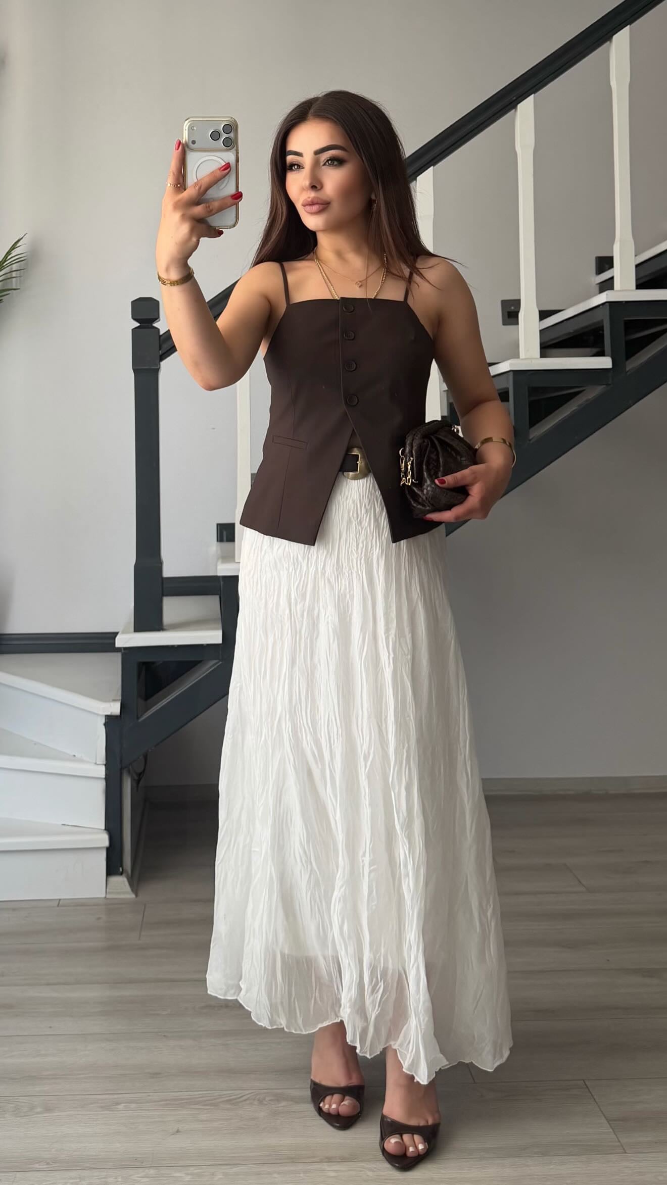 White Lined Crinkle Skirt
