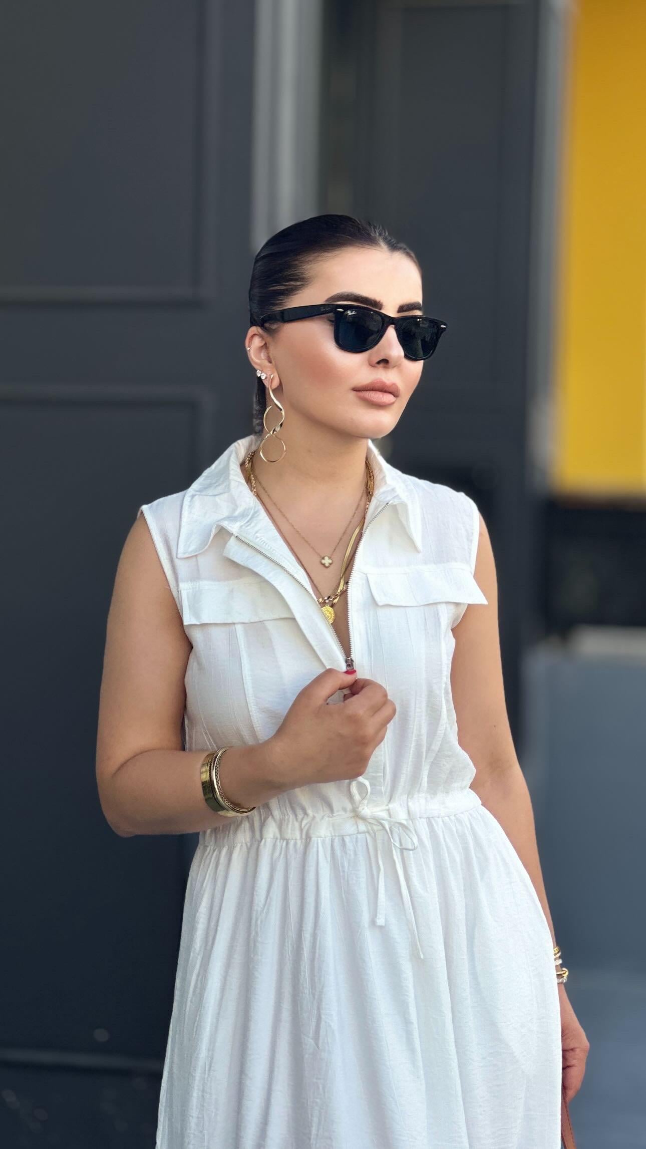 Beyaz Fermuarlı Astarlı Elbise 