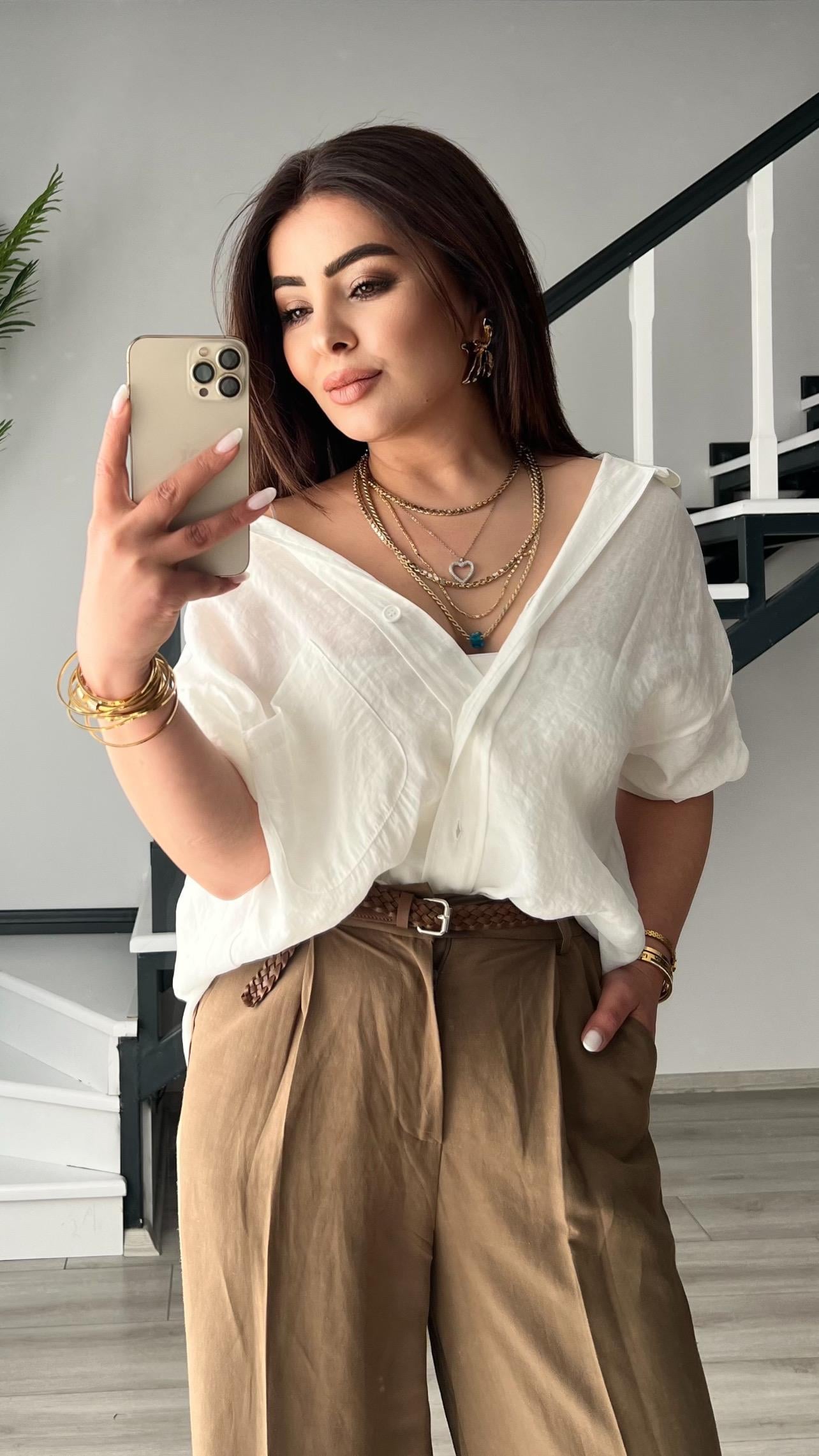 Beyaz Oversize Tensel Gömlek 