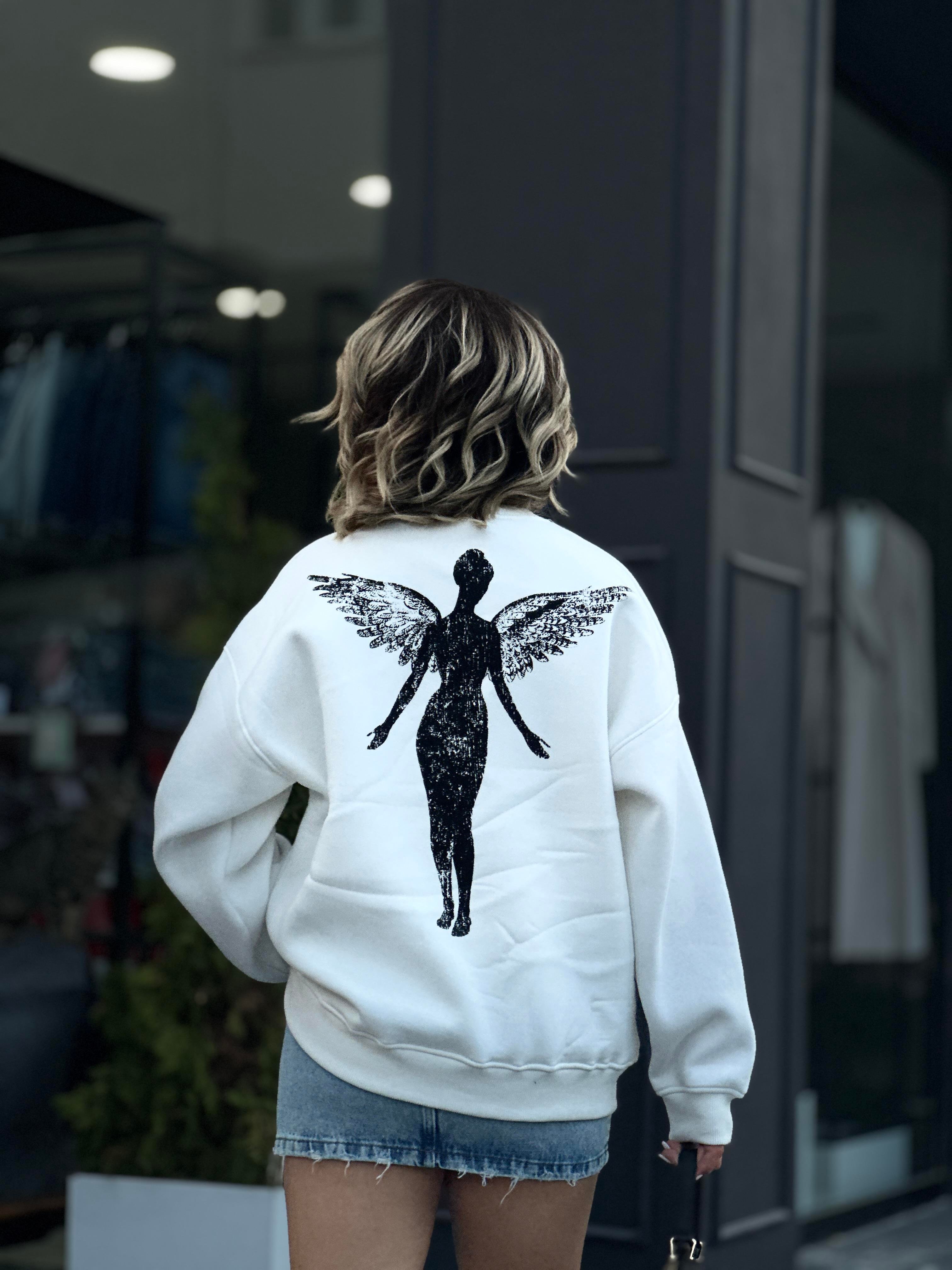 Beyaz Oversize Üç İplik Şardonlu Nirvana Baskılı Sweatsirt