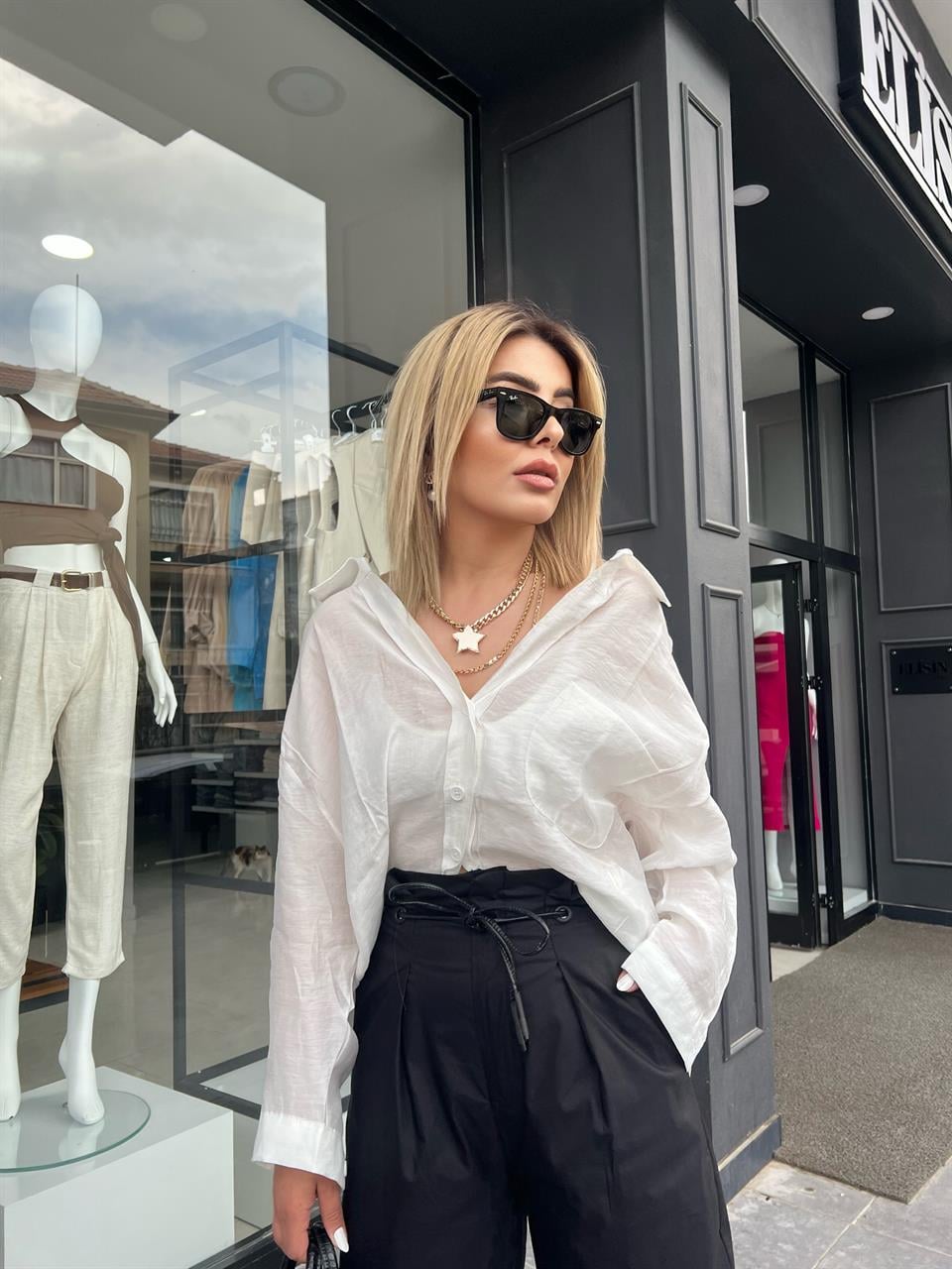 Beyaz Tensel Kumaş Oversize Gömlek