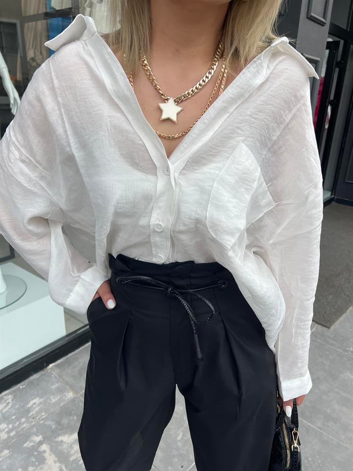 Beyaz Tensel Kumaş Oversize Gömlek