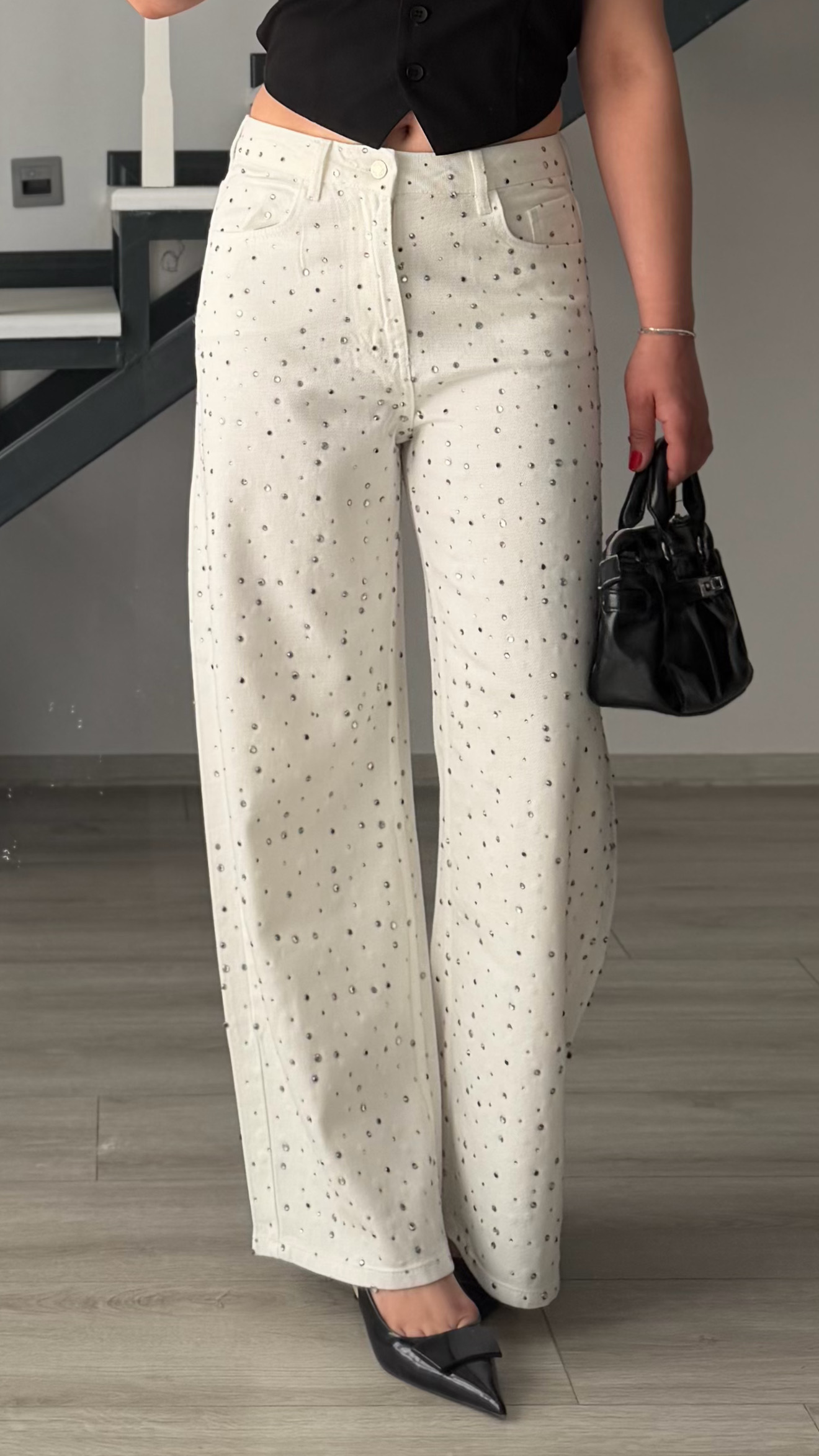 Beyaz Tensl Taşlı Wide Leg Jean