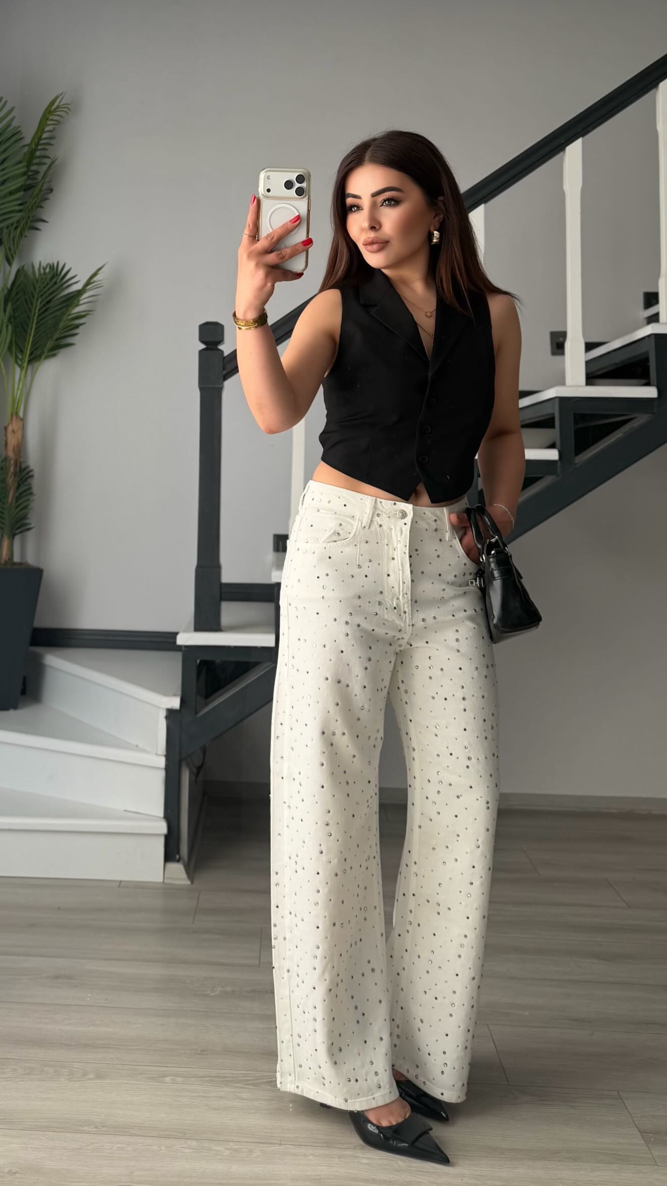 Beyaz Tensl Taşlı Wide Leg Jean