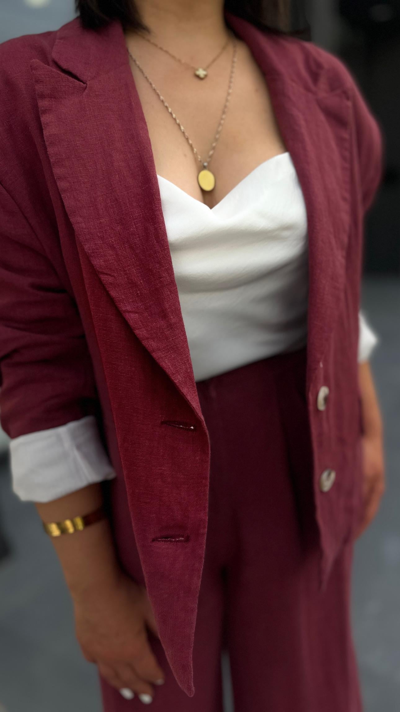 Bordo %100 Ham Keten Blazer Ceket 