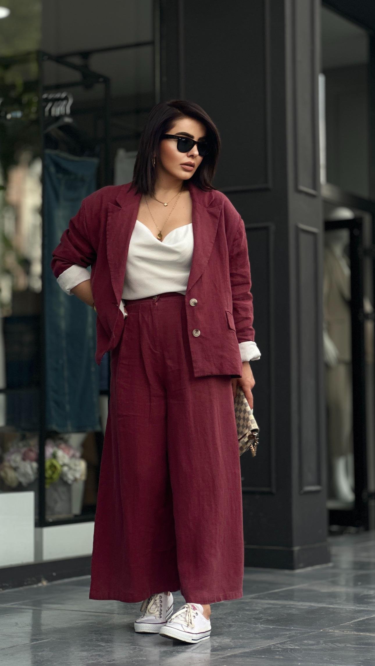 Bordo % 100 Ham Keten Çift Pensli Çift Düğmeli Bol Paça Pantolon 