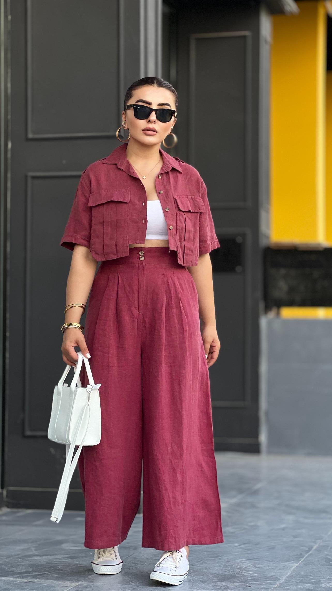 Bordo % 100 Ham Keten Çift Pensli Çift Düğmeli Bol Paça Pantolon