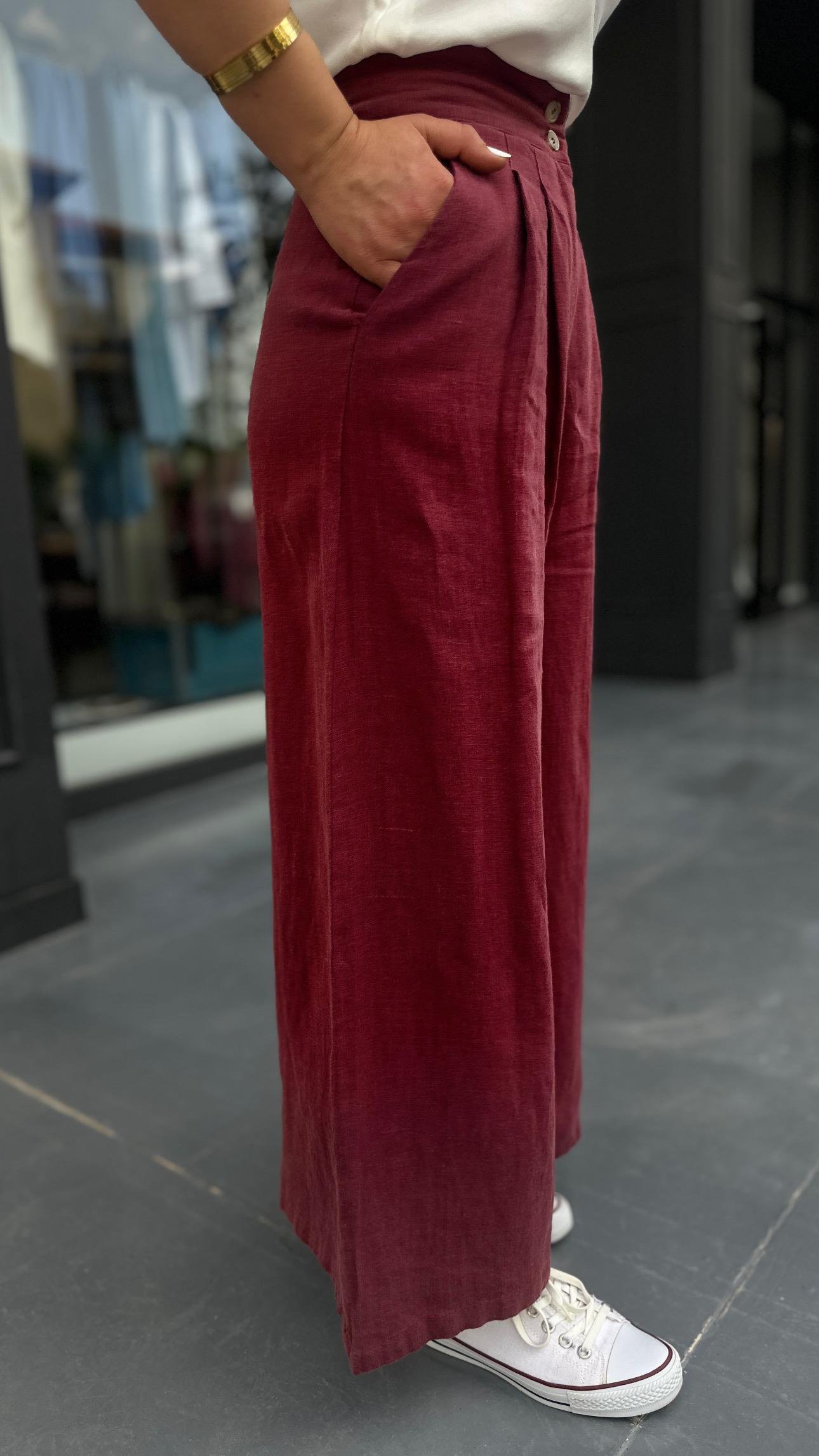 Bordo % 100 Ham Keten Çift Pensli Çift Düğmeli Bol Paça Pantolon 