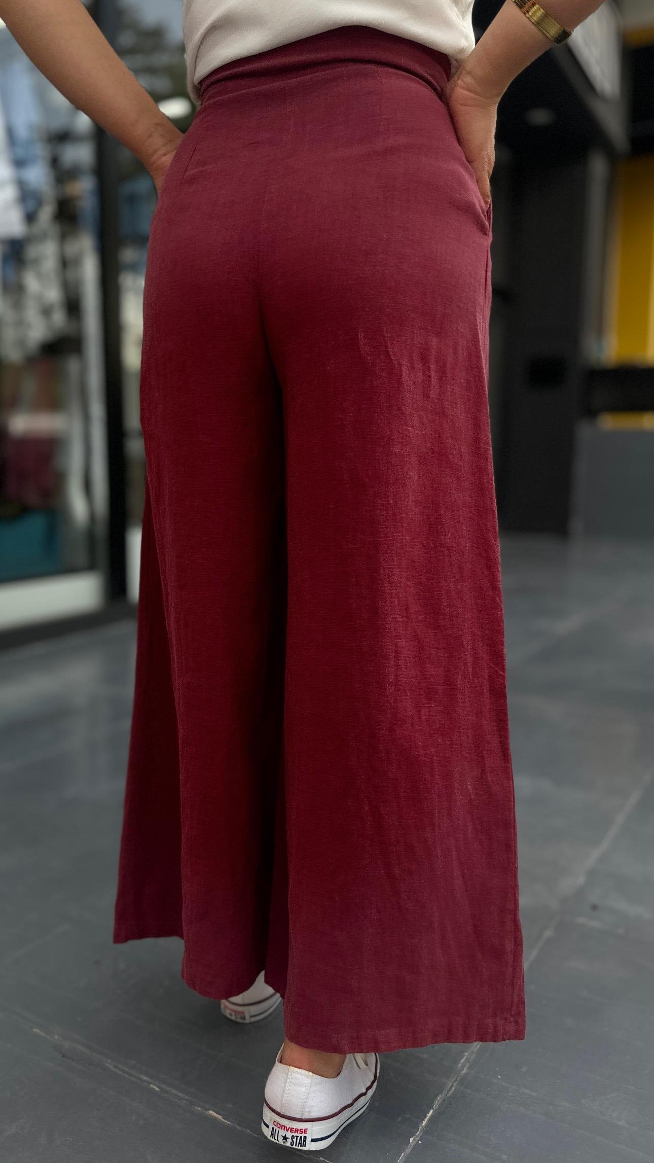 Bordo % 100 Ham Keten Çift Pensli Çift Düğmeli Bol Paça Pantolon 