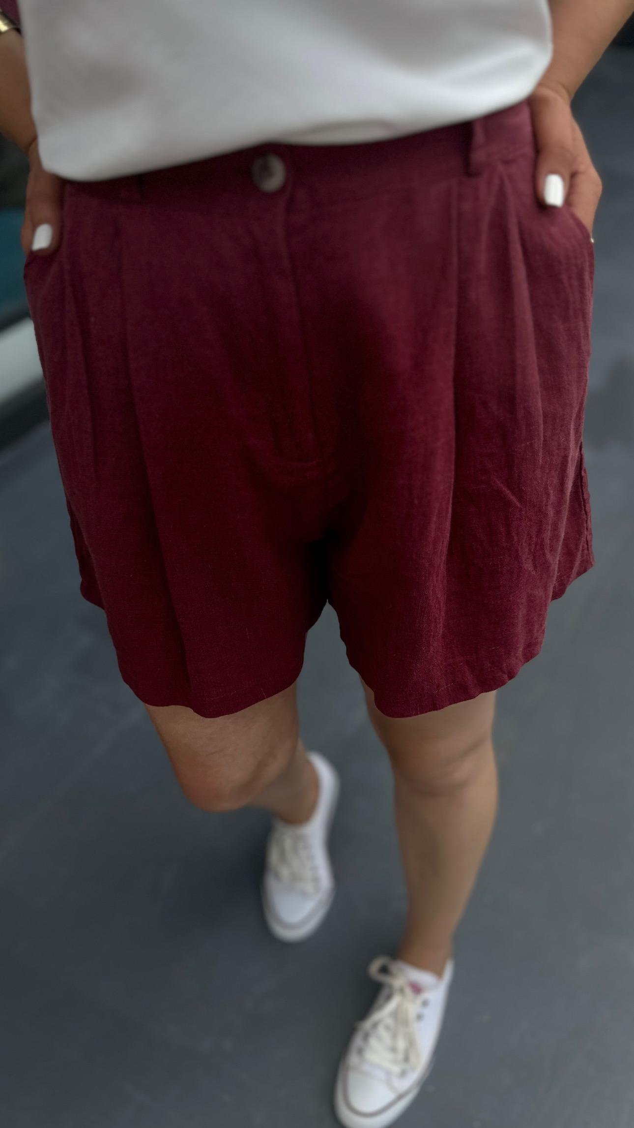 Bordo %100 Ham Keten Şort