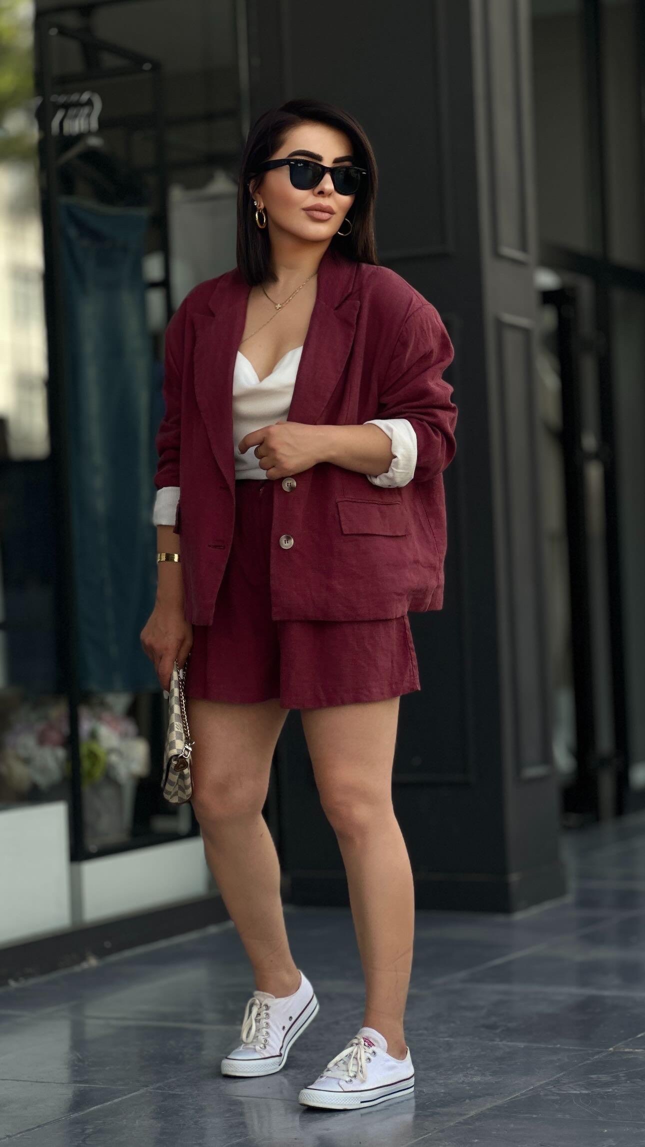 Bordo %100 Ham Keten Şort