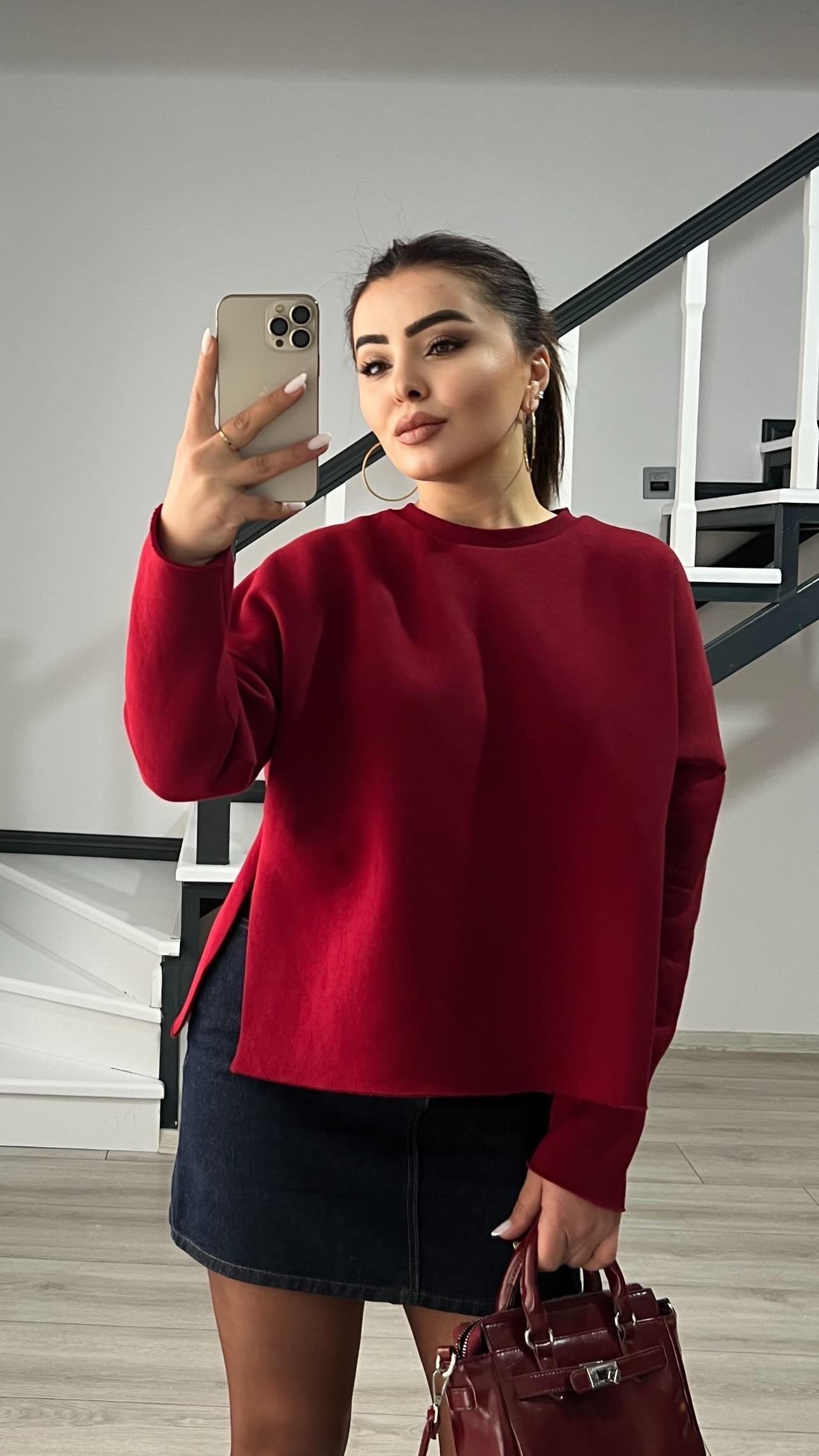 Bordo Basic Yan Yırtmaçlı Sweatshirt 