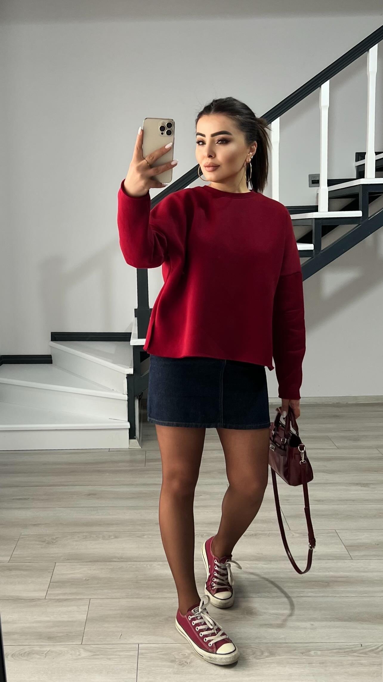 Bordo Basic Yan Yırtmaçlı Sweatshirt 