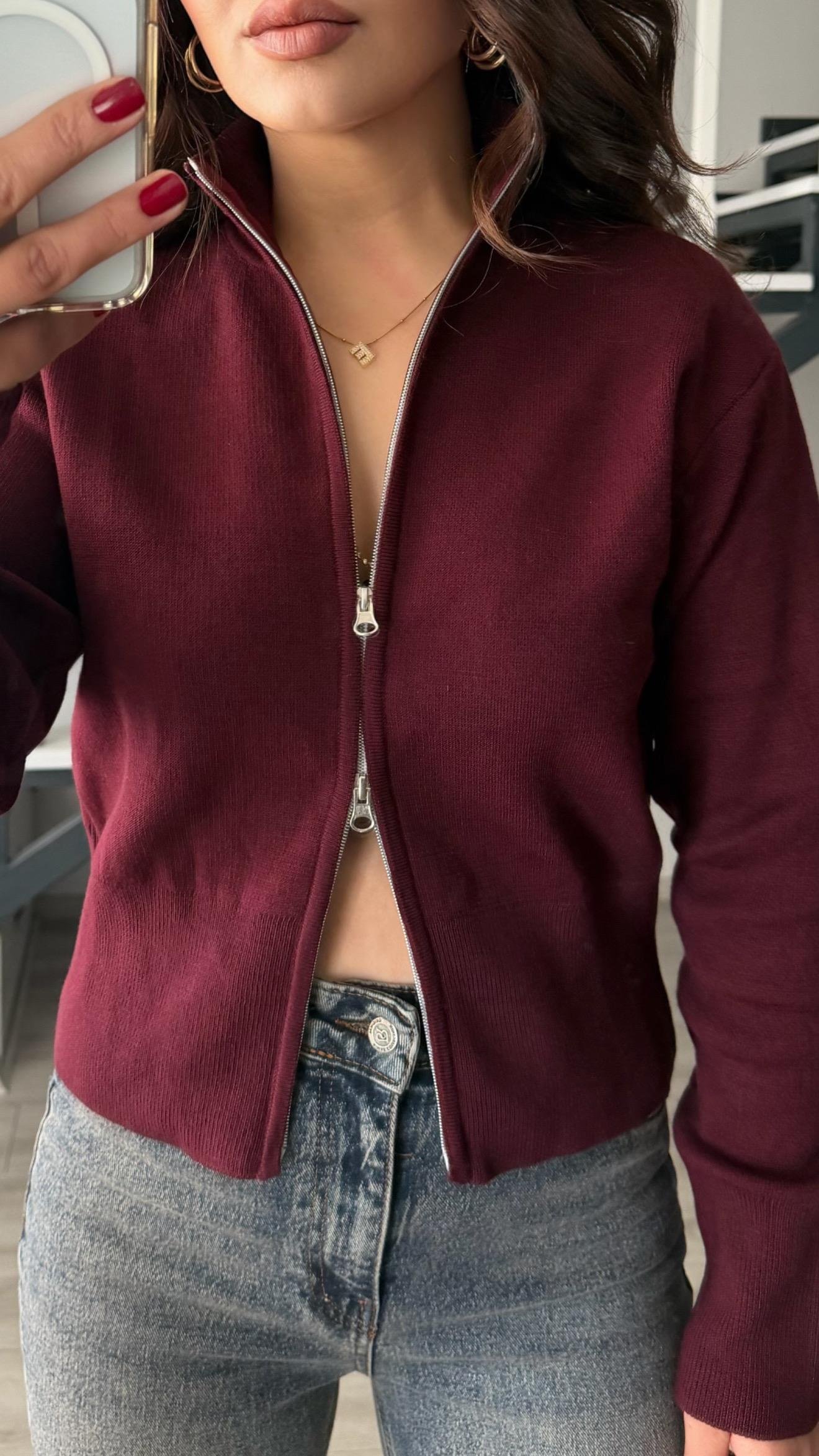Bordo Çift Fermuarlı Çelik Triko Hırka