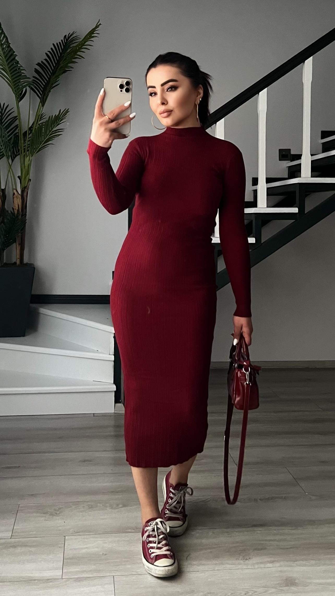 Bordo Dik Yaka Fitilli Triko Elbise