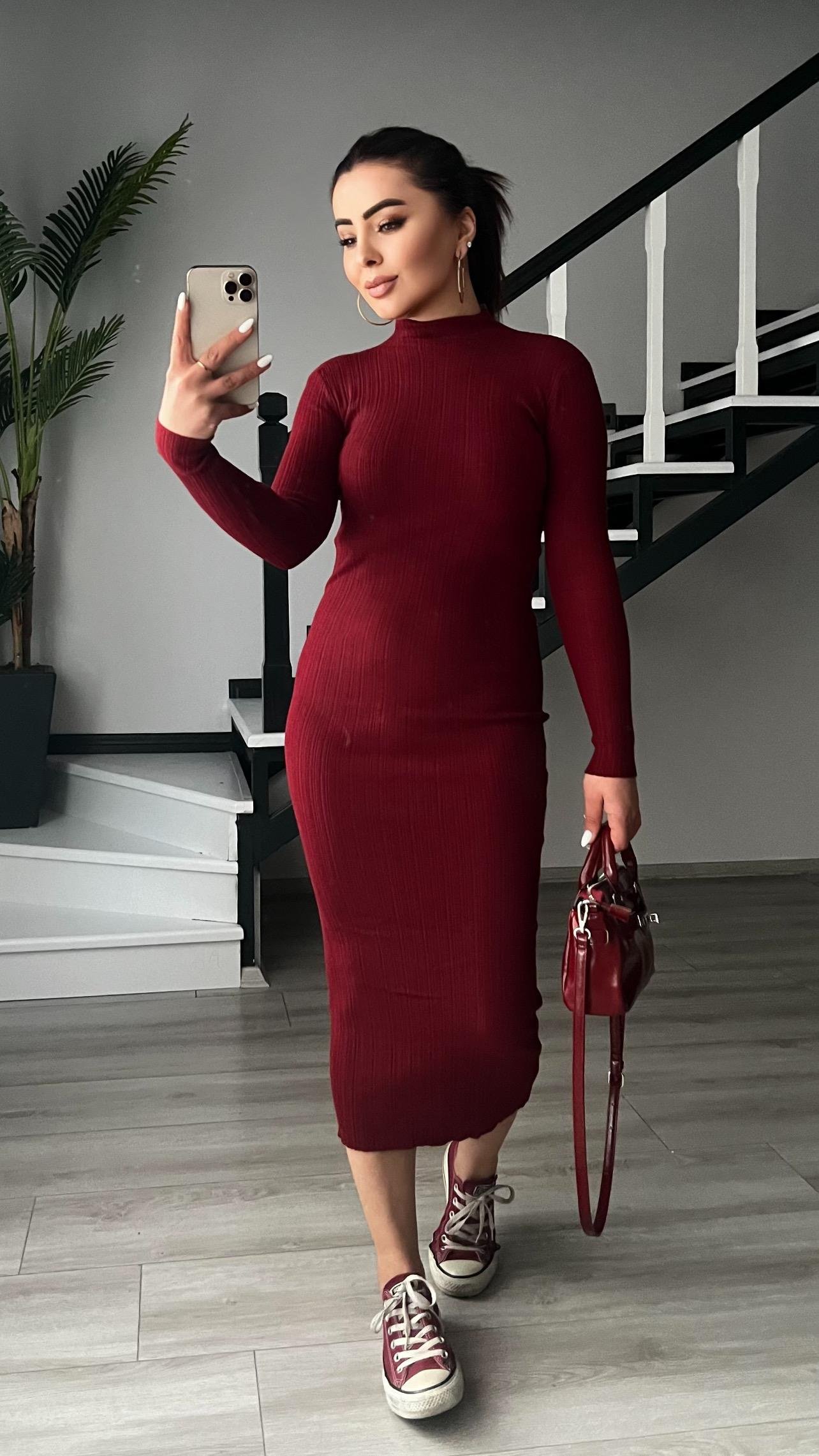Bordo Dik Yaka Fitilli Triko Elbise