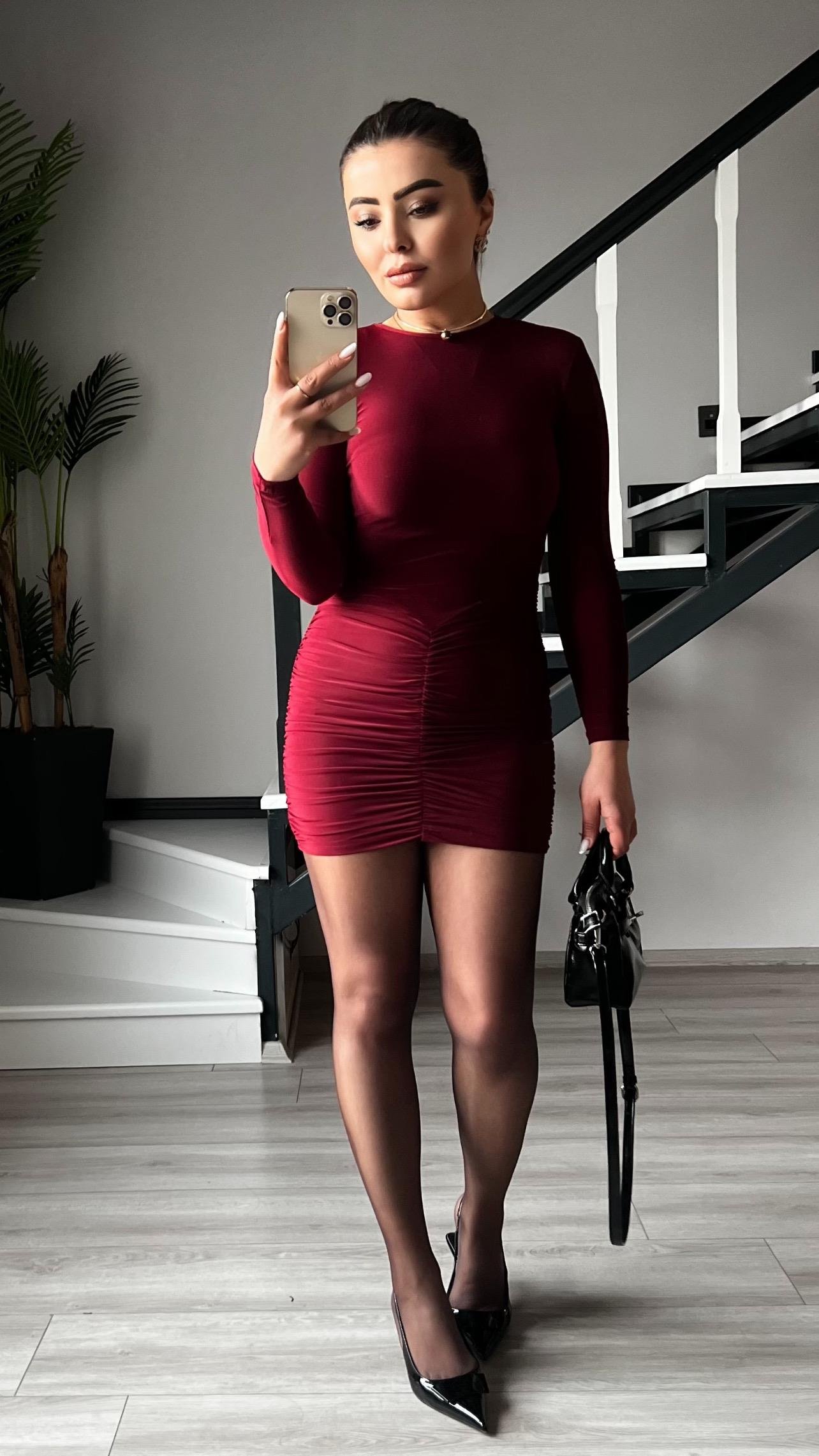 Bordo Drape Detaylı Vatkalı Mini Elbise